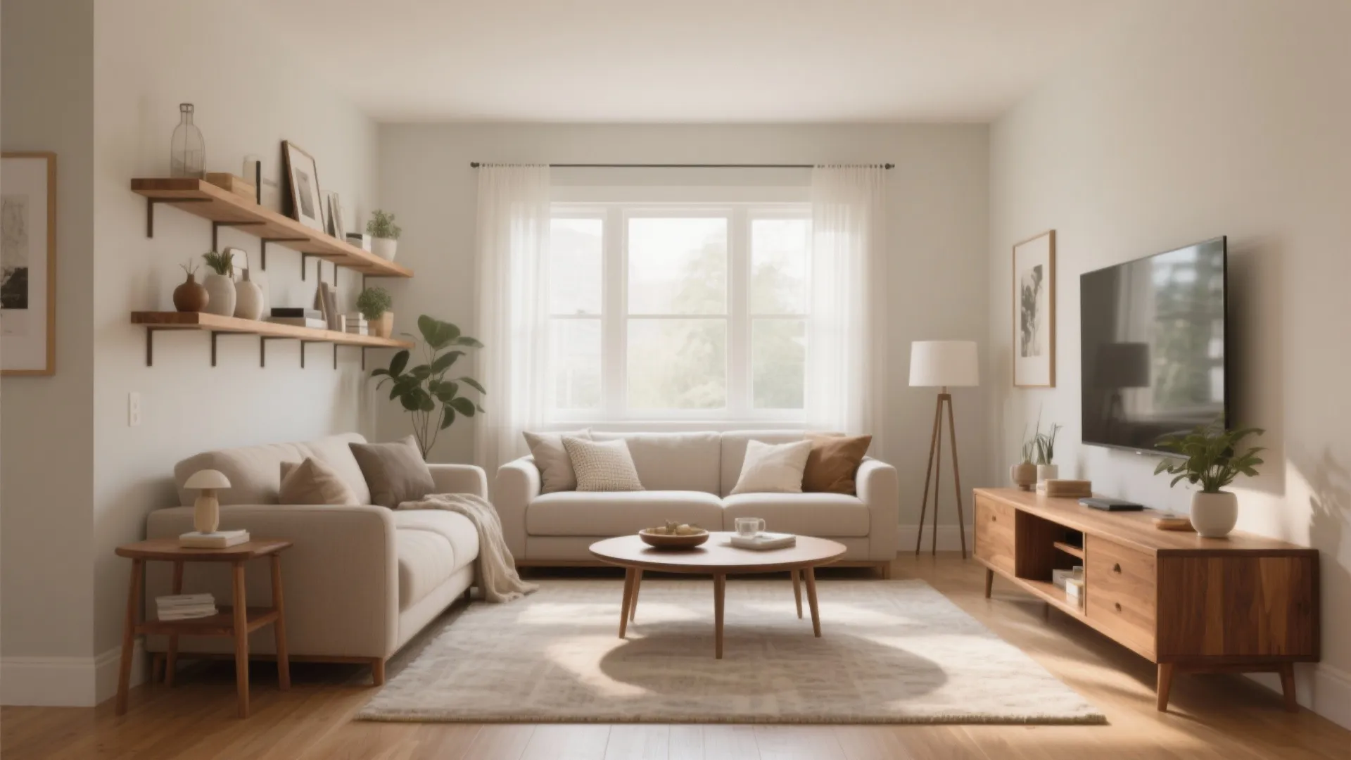 Bright living room featuring cream sofas wooden wall shelves round coffee table and television cabinet stand
