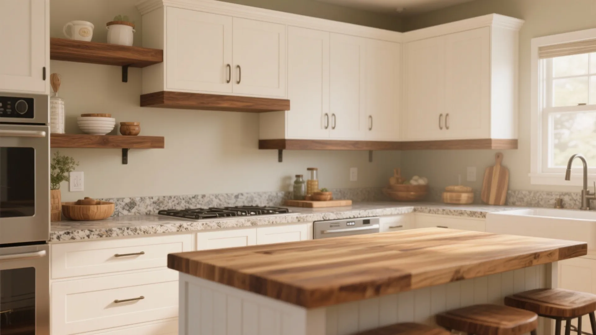 Warm kitchen details with walnut floating shelves and a butcher-block accent paired with white cabinets and granite.