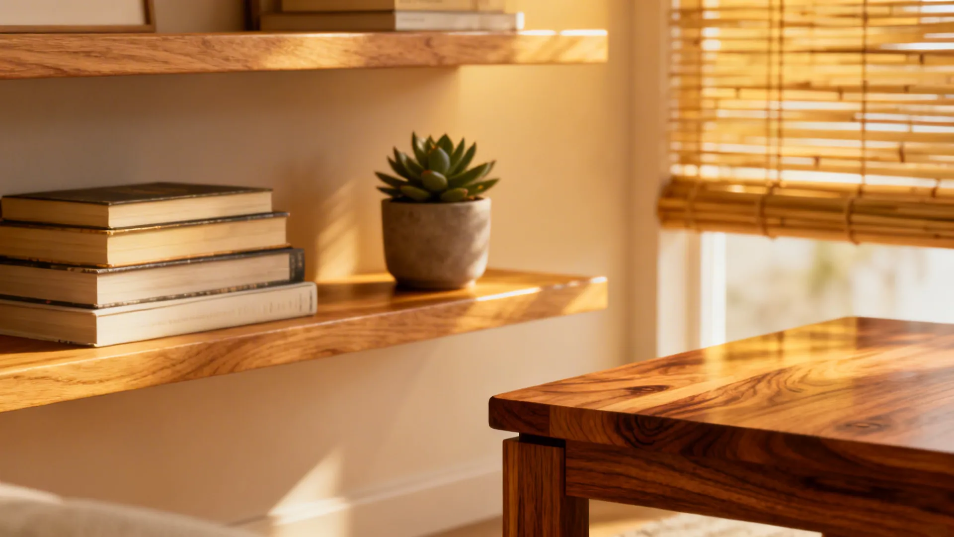 Oak shelves and a walnut coffee table adding warmth to a gray and blue palette