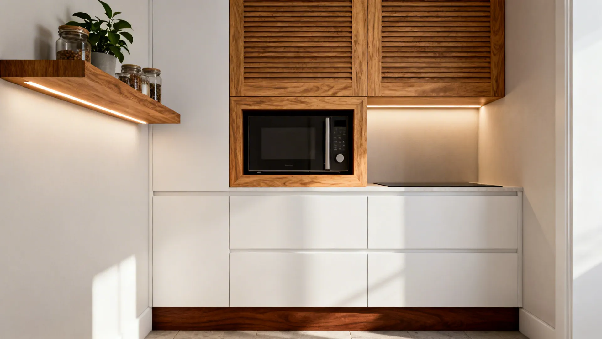 Small kitchen with matte white cabinets enhanced by oak niche, ribbed wood doors, walnut toe-kick, and a floating shelf.