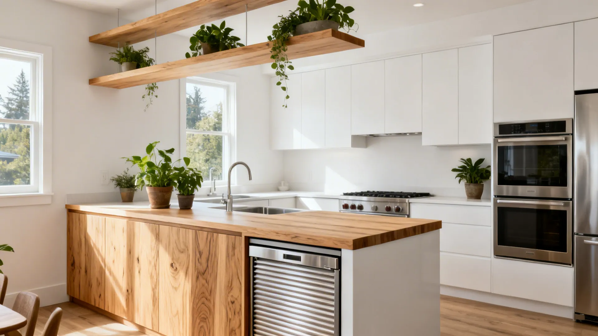 White kitchen warmed by white oak shelves and panels with stainless accents.