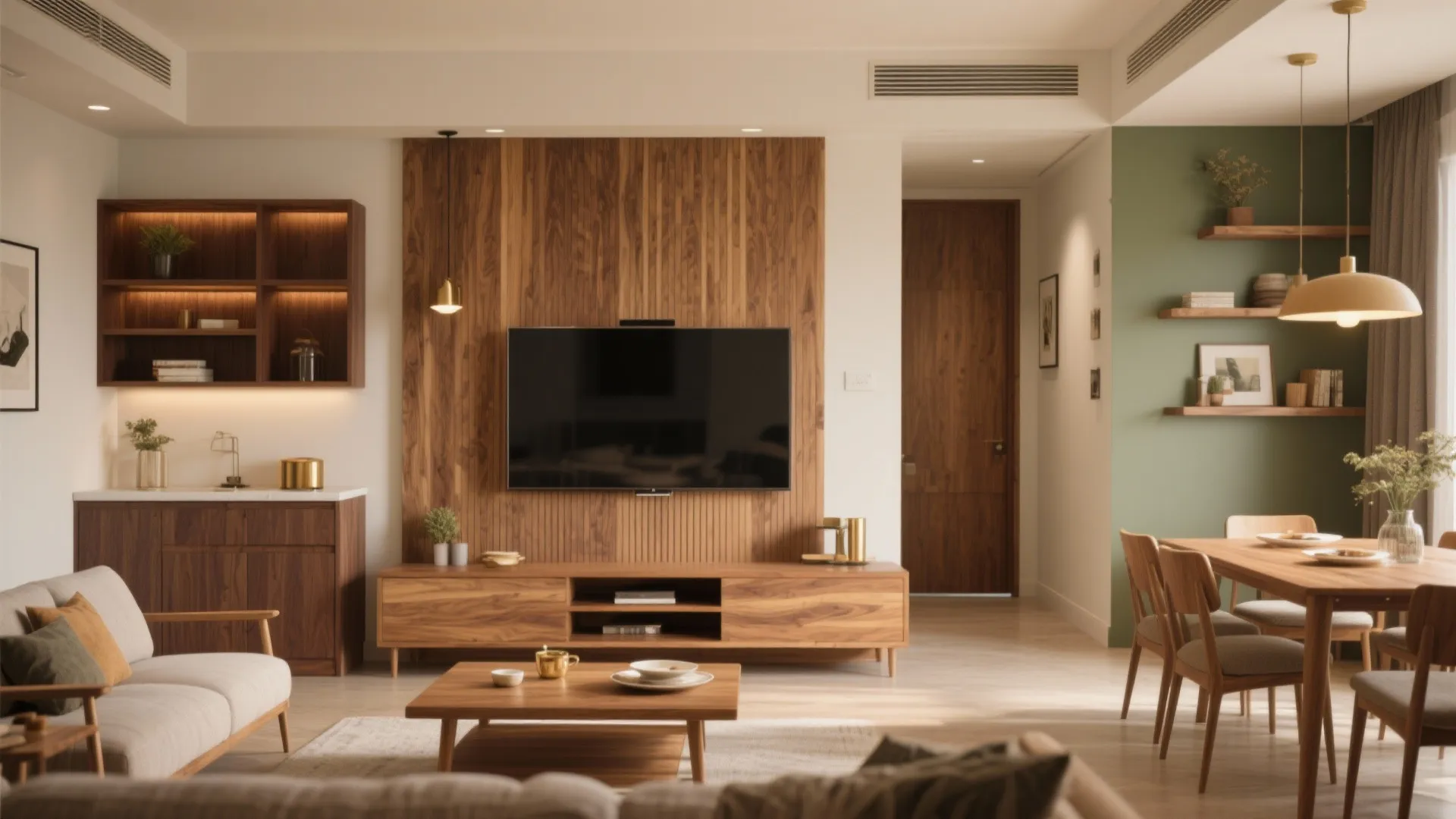 Living room with wood wall panel television cabinet sofa coffee table and dining area furniture