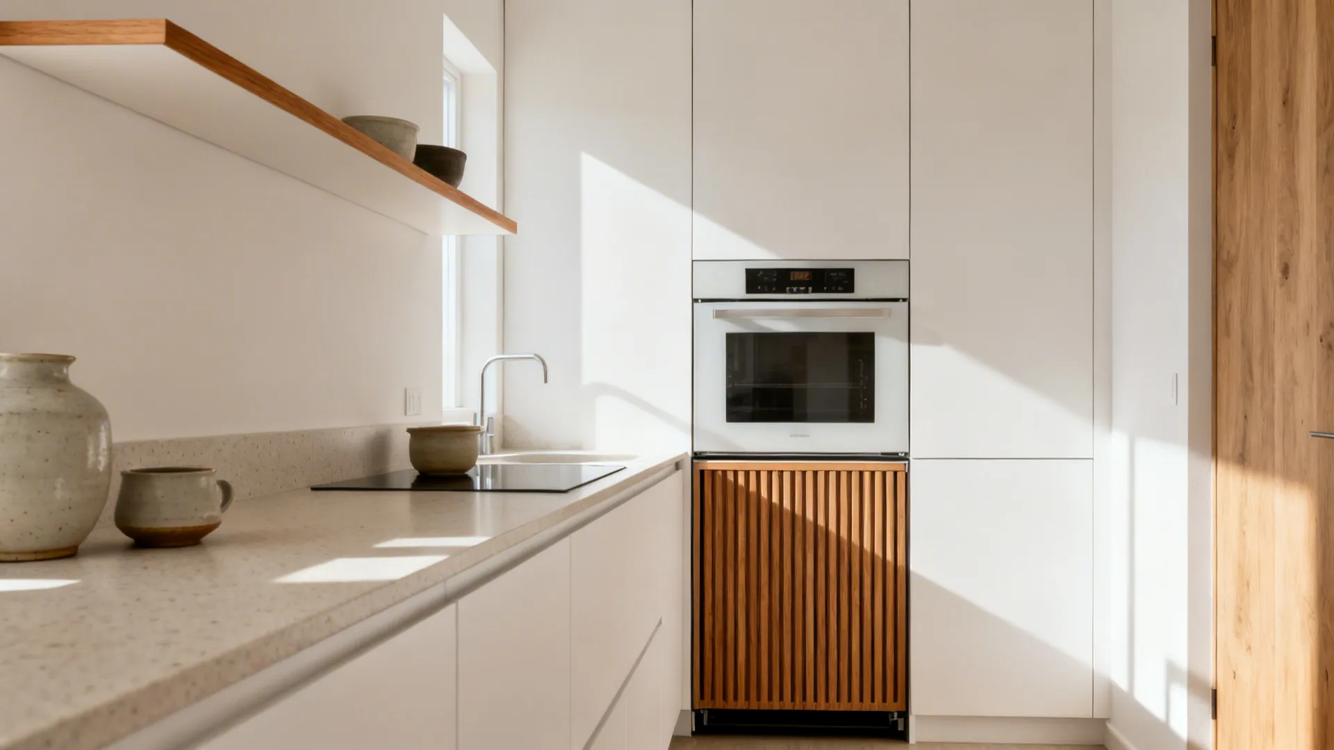 Small kitchen vignette with white cabinets and subtle oak tambour and shelf accents.