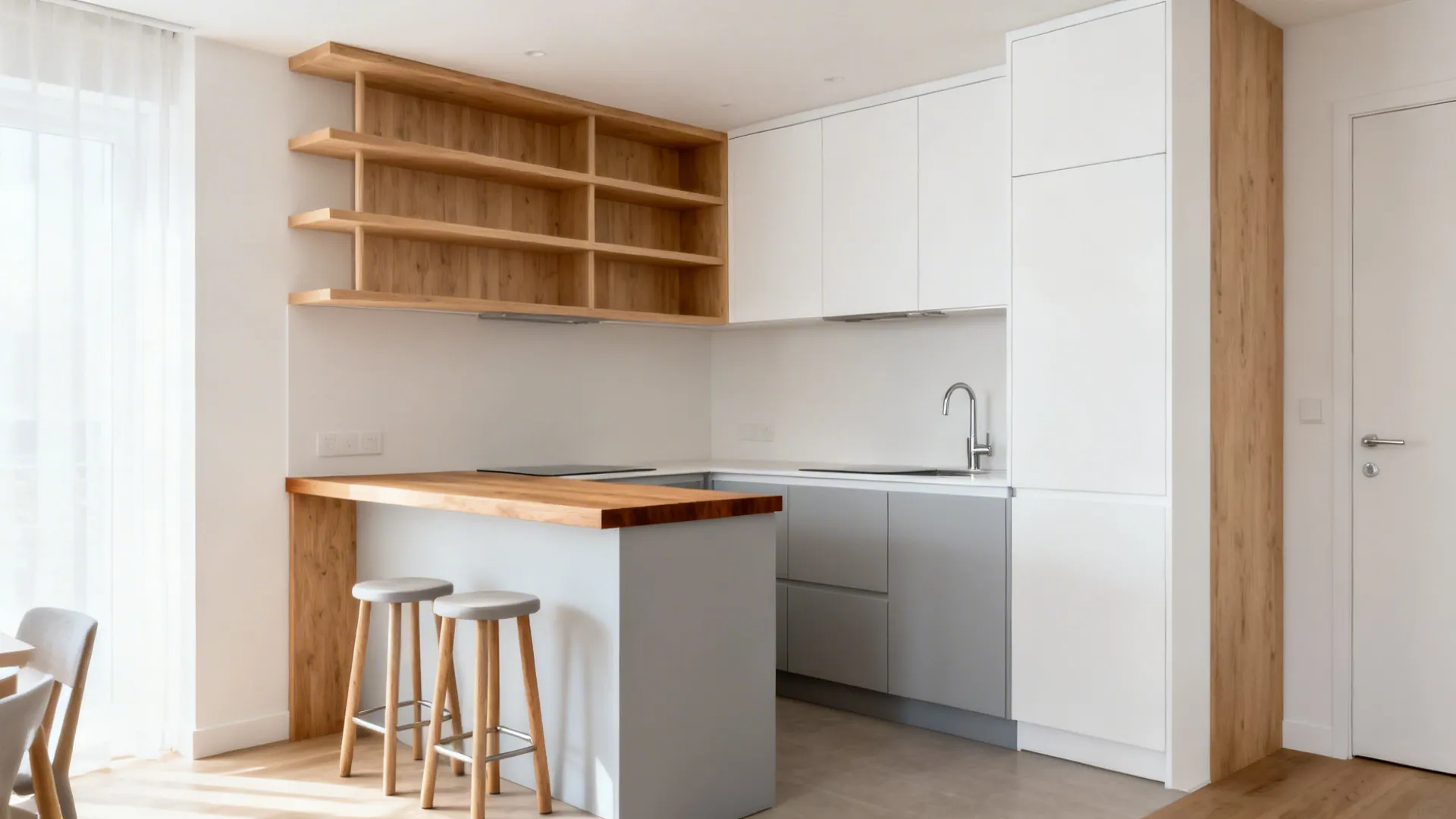 Small L-shaped kitchen with light oak shelves and a wood-edged peninsula in soft daylight.