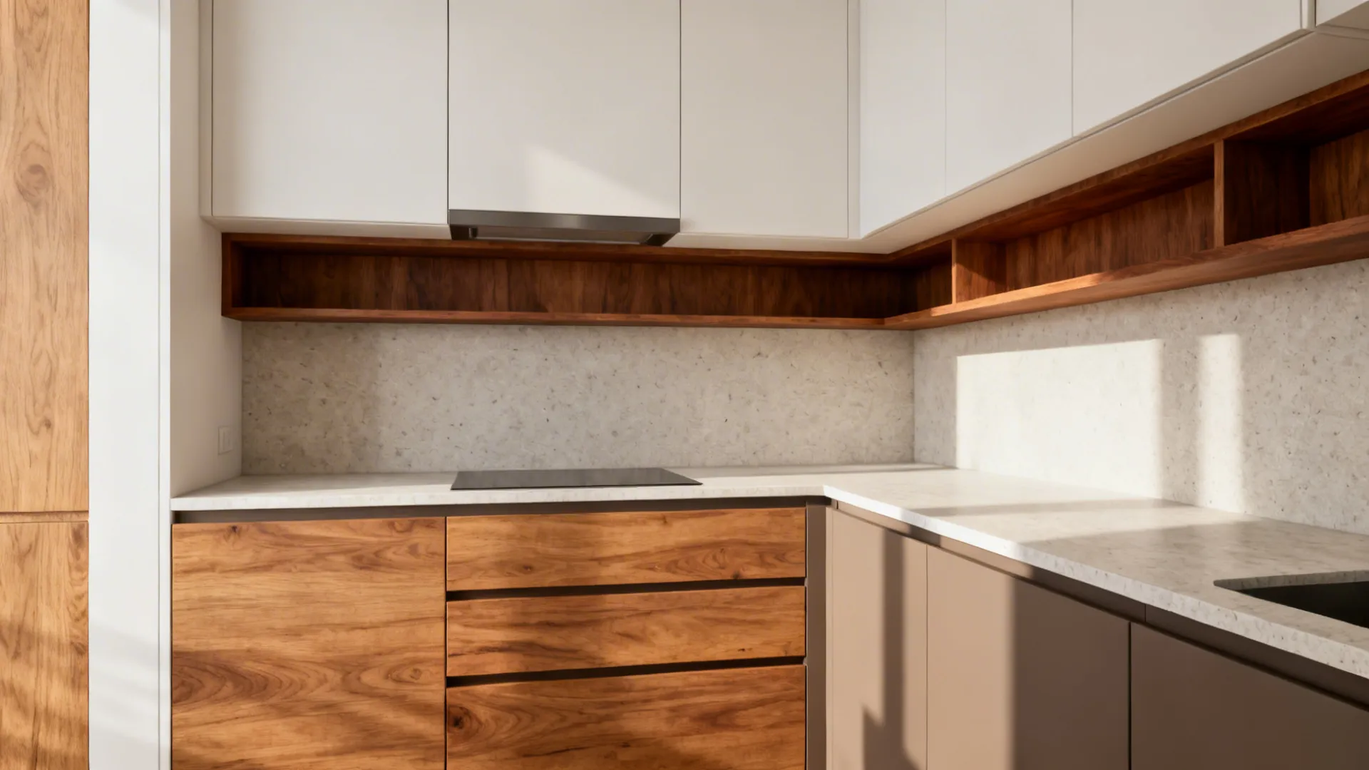 White-taupe cabinets with oak drawers and a walnut shelf paired with a thin quartz countertop.