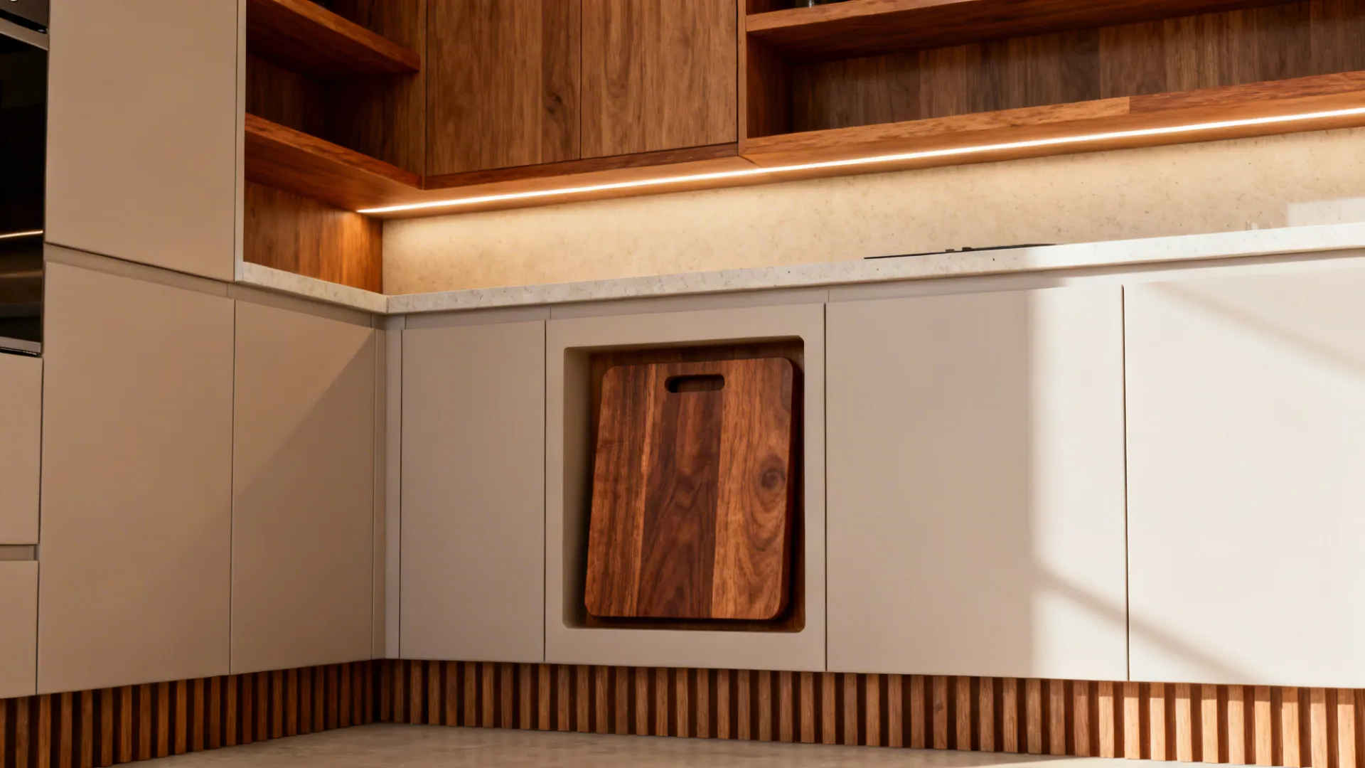 Small modern kitchen with oak shelves, fluted wood toe-kick, and walnut niche under warm lighting.