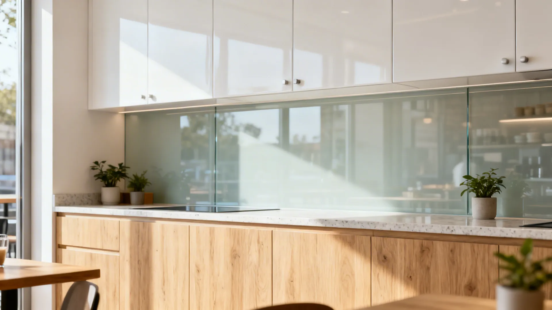 Close up of white kitchen cabinets glass backsplash wood lower cabinets marble countertop and plants