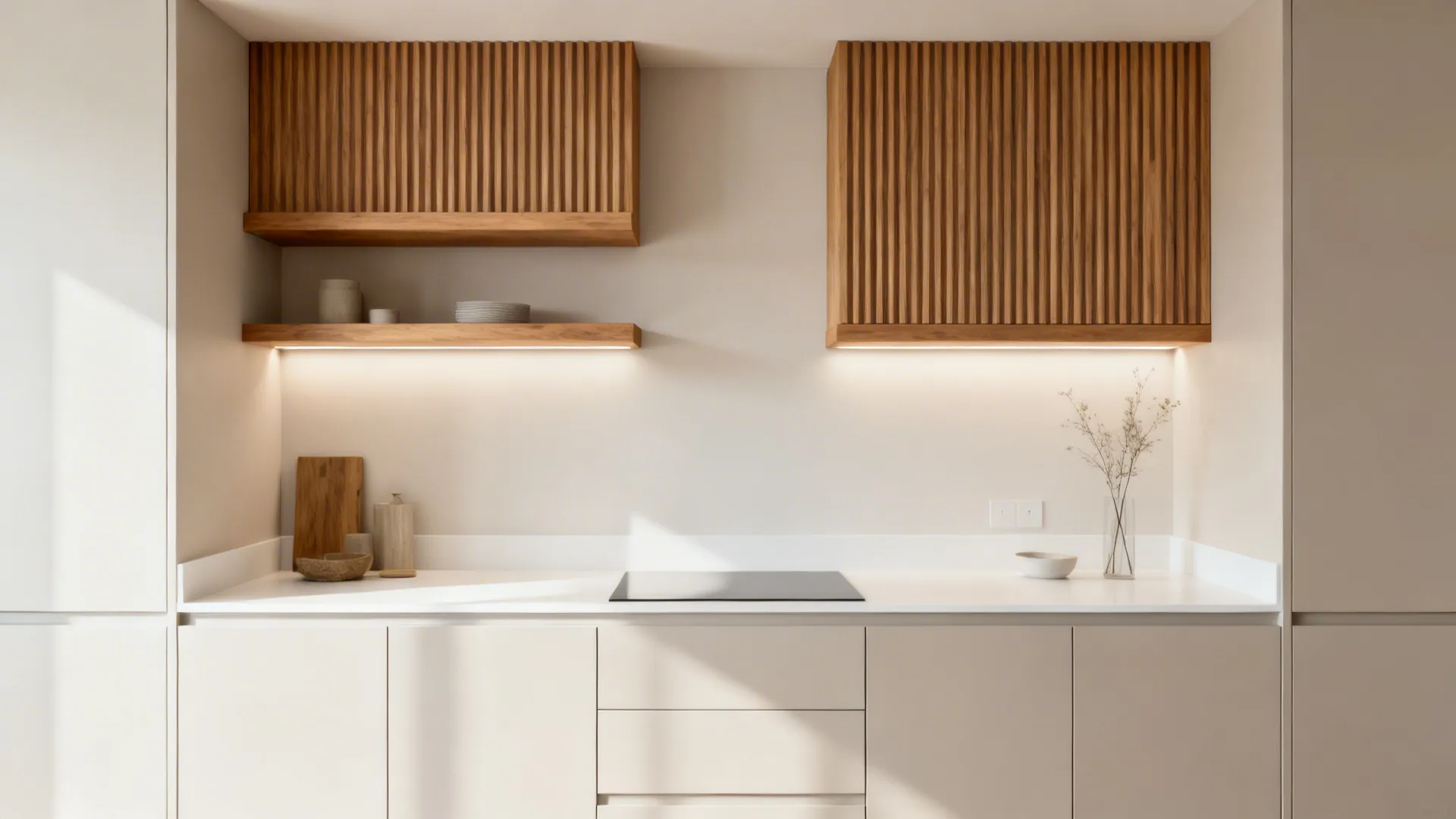 Light modular kitchen with oak shelves and ribbed oak panels adding warmth to a minimal palette.