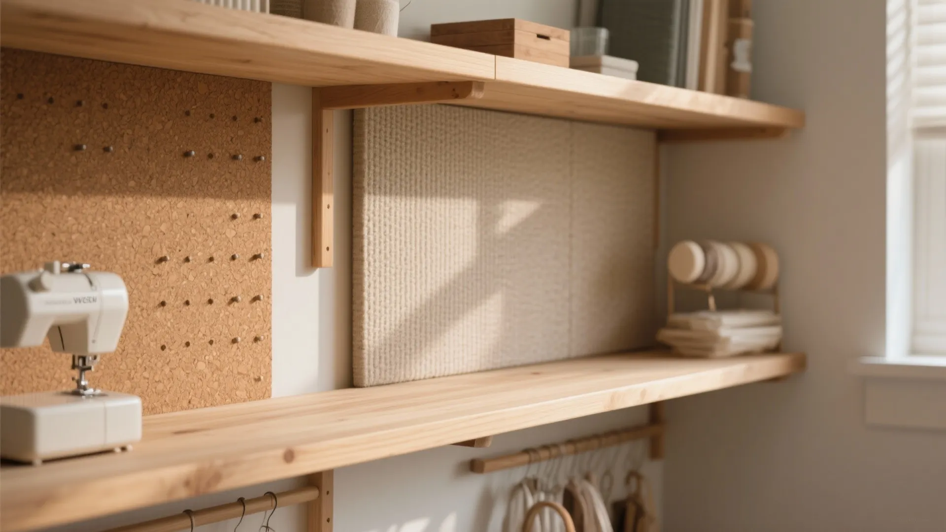 Close up of wooden wall shelves with sewing machine, cork board, and fabric storage bins