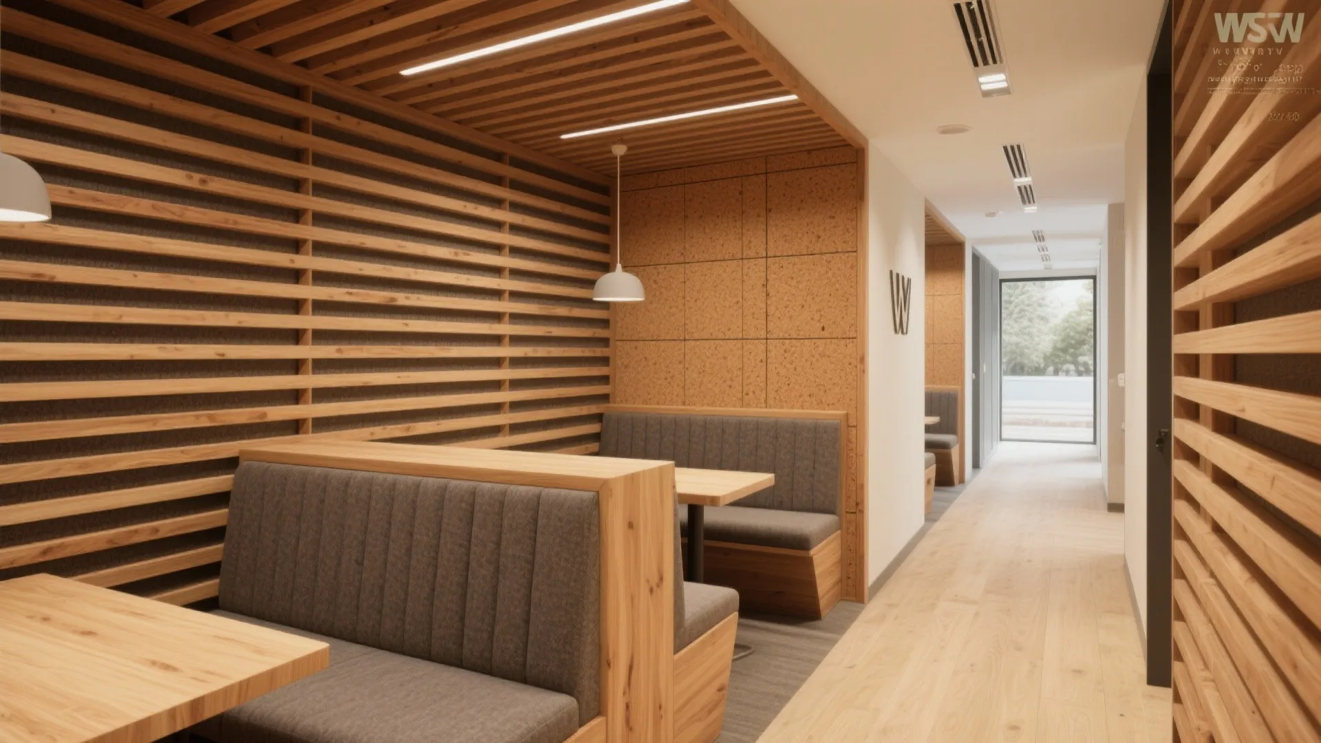 Modern office breakroom with wood wall panels grey seating booths wooden tables and white ceiling light