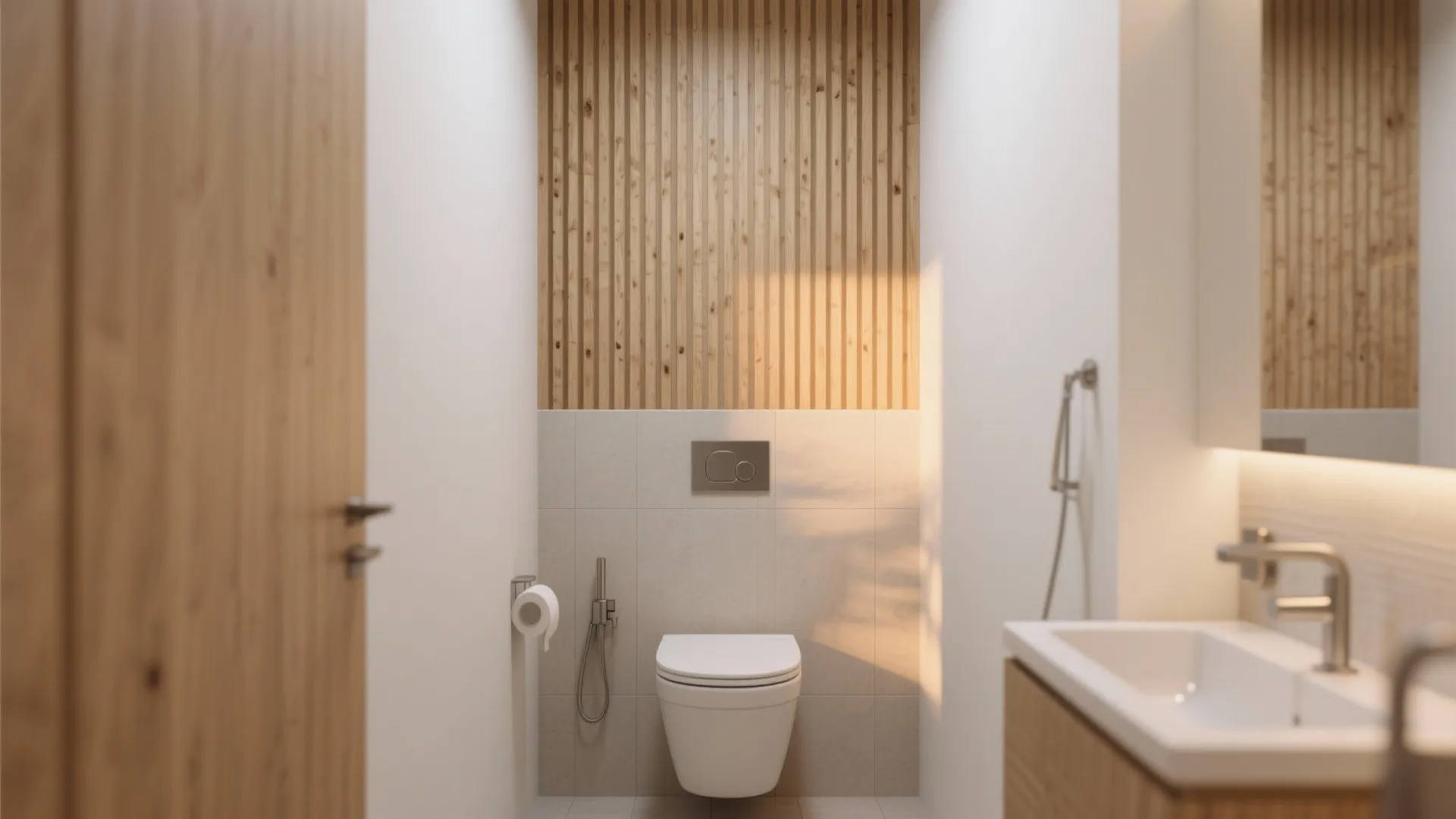 Compact toilet room with vertical light wood acoustic slats and neutral tiles.