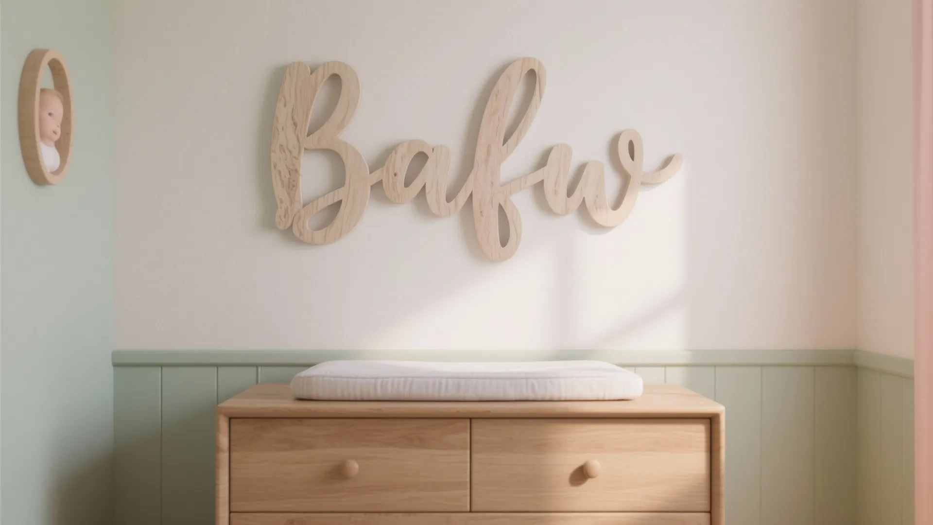 Layered birch and matte acrylic baby name sign mounted above a wood dresser in a cozy small nursery.