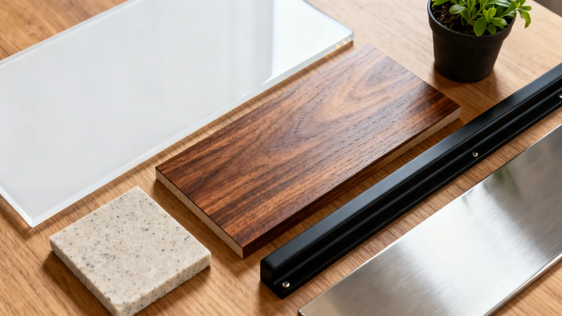 Flat lay with white acrylic, walnut veneer, quartz, and matte accessories.