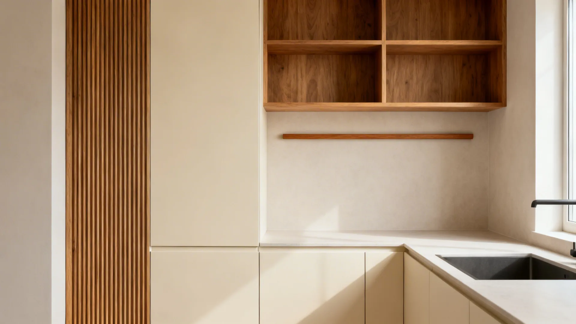 Matte cream acrylic cabinets with oak shelves and fluted wood accents in a small kitchen.