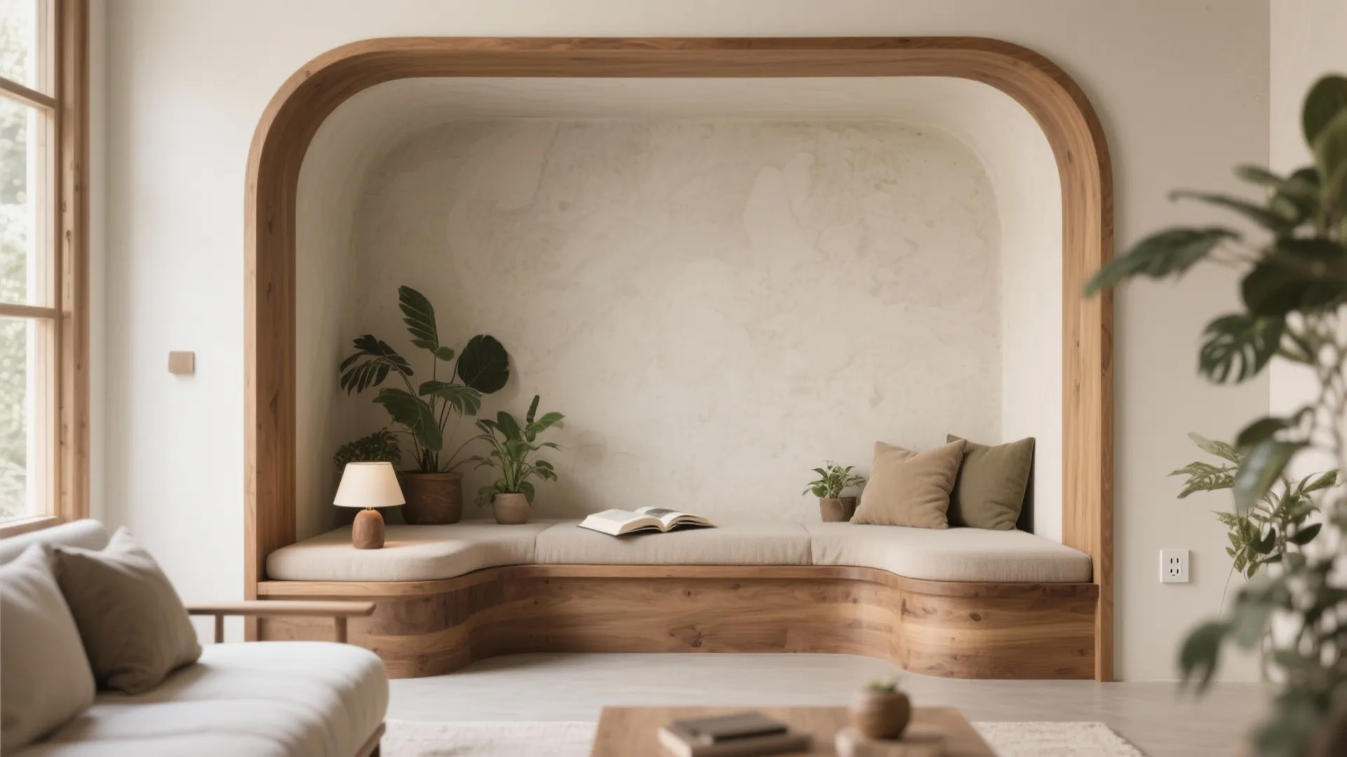 Curved wooden wall niche used as reading nook with pillows, indoor plants, and small lamp