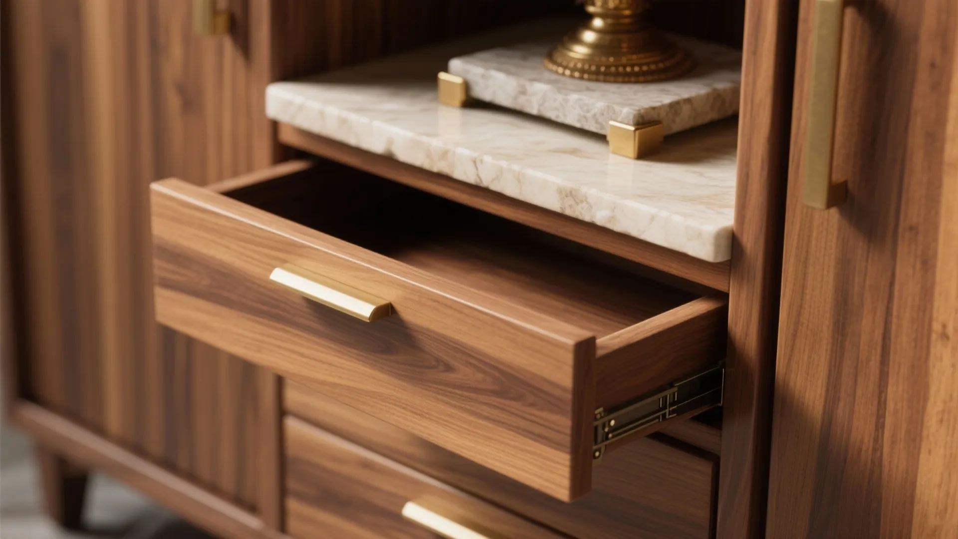 Warm wood altar with drawers and soft-close hardware
