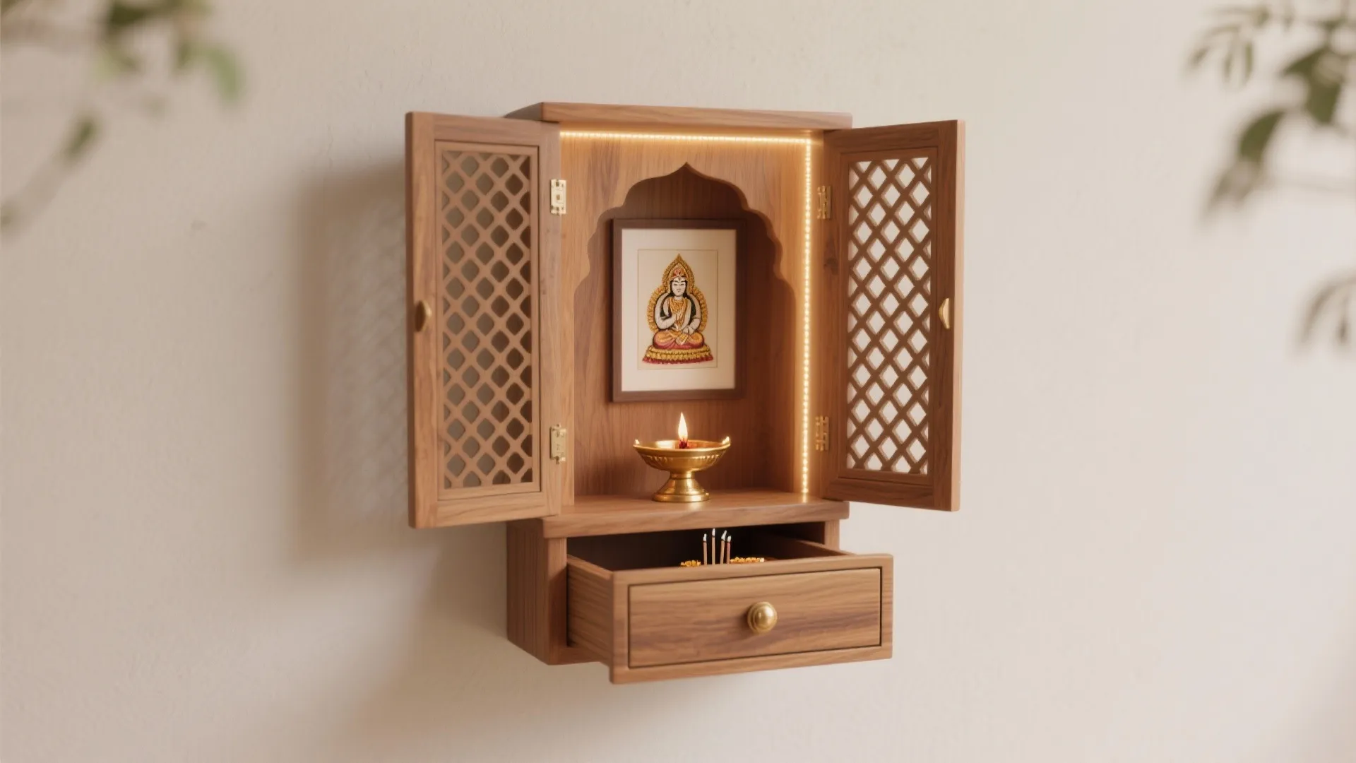 Minimal carved wood altar with hidden storage