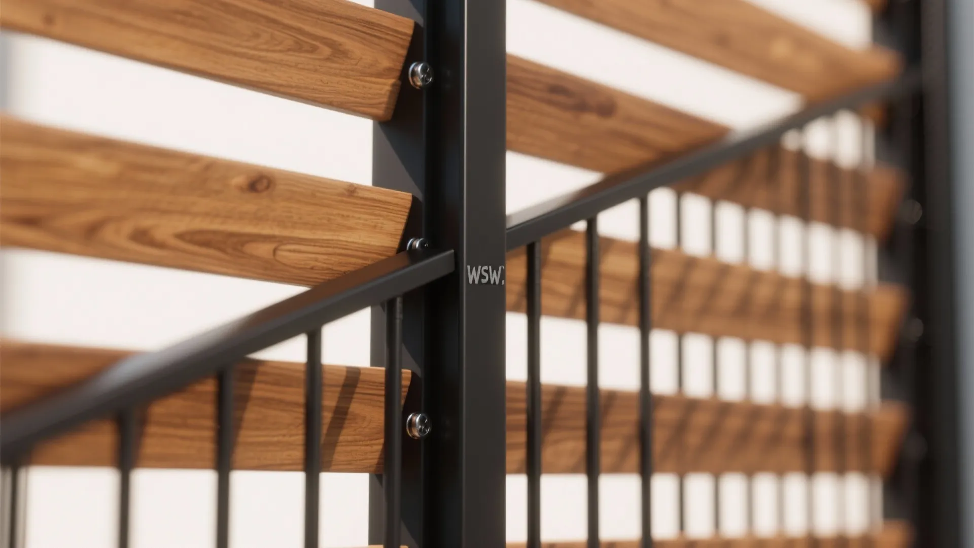 Macro detail of weather-sealed wood slats on a black aluminum frame safety guard.