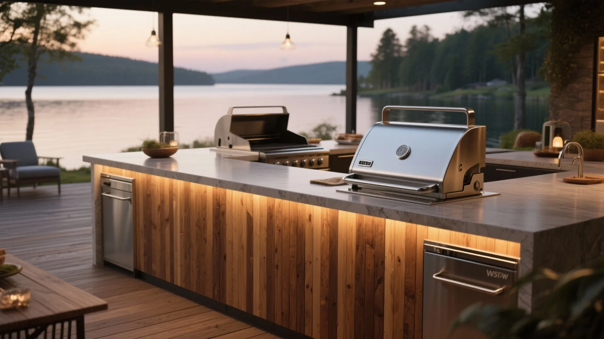 Luxury outdoor kitchen at sunset featuring wood panel island with marble top overlooking a lake