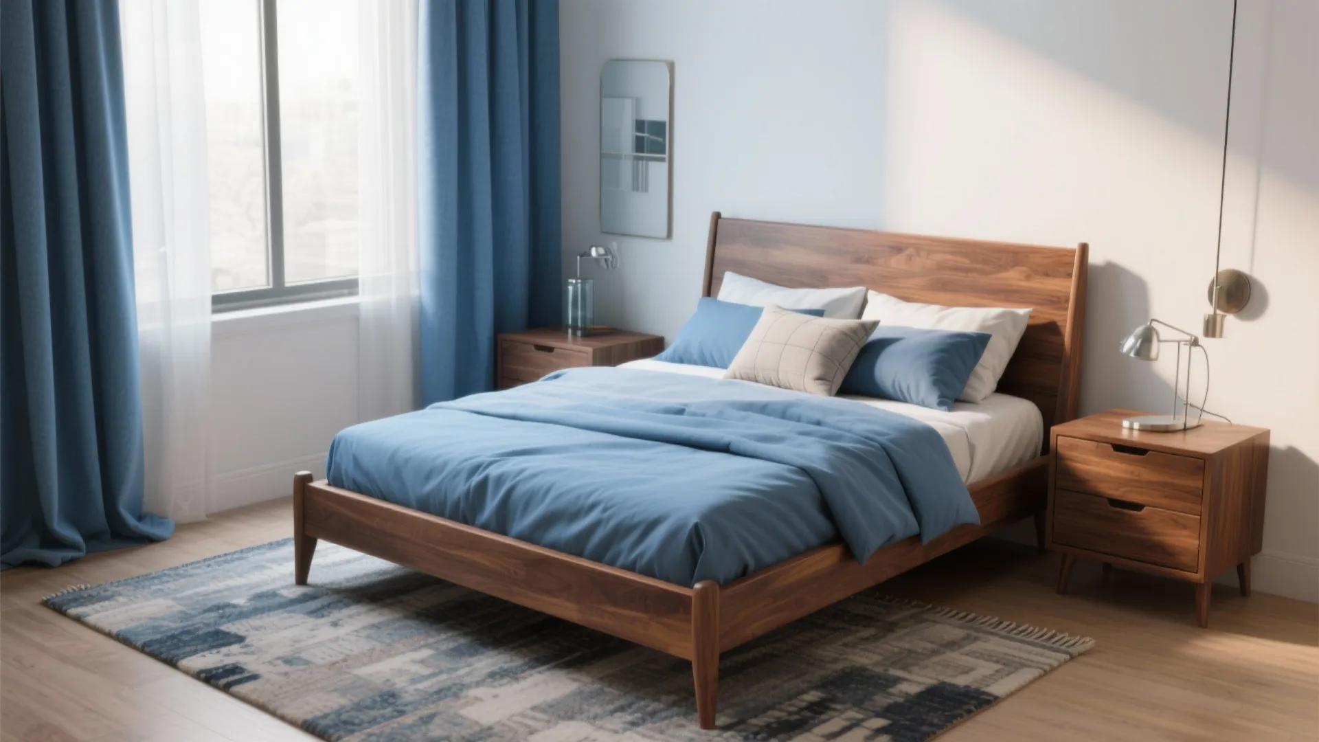 1. Anchor with warm wood, layer with cool blues