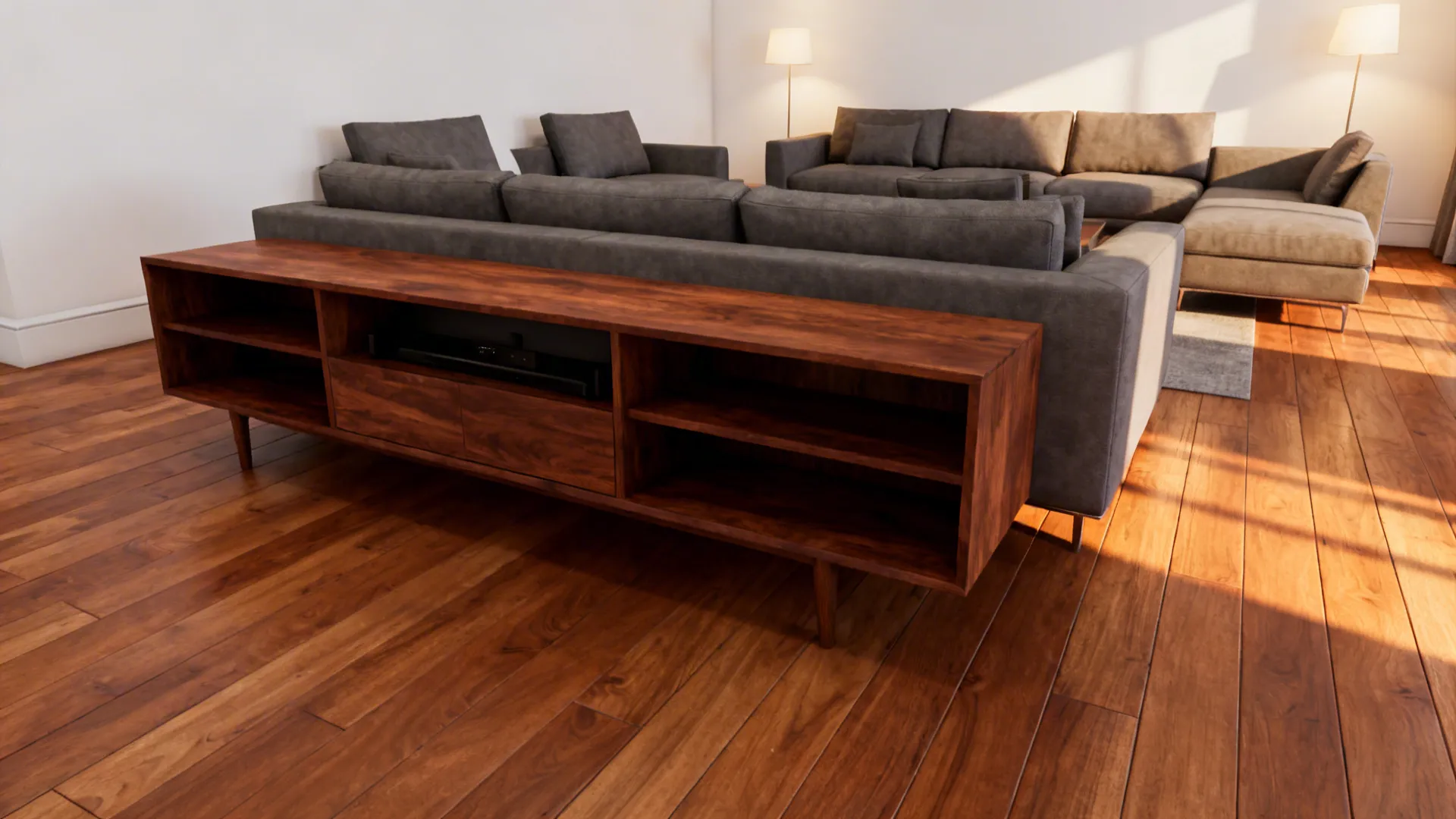 Living room with mid-toned walnut media console and warm wood floors anchoring brown white grey palette