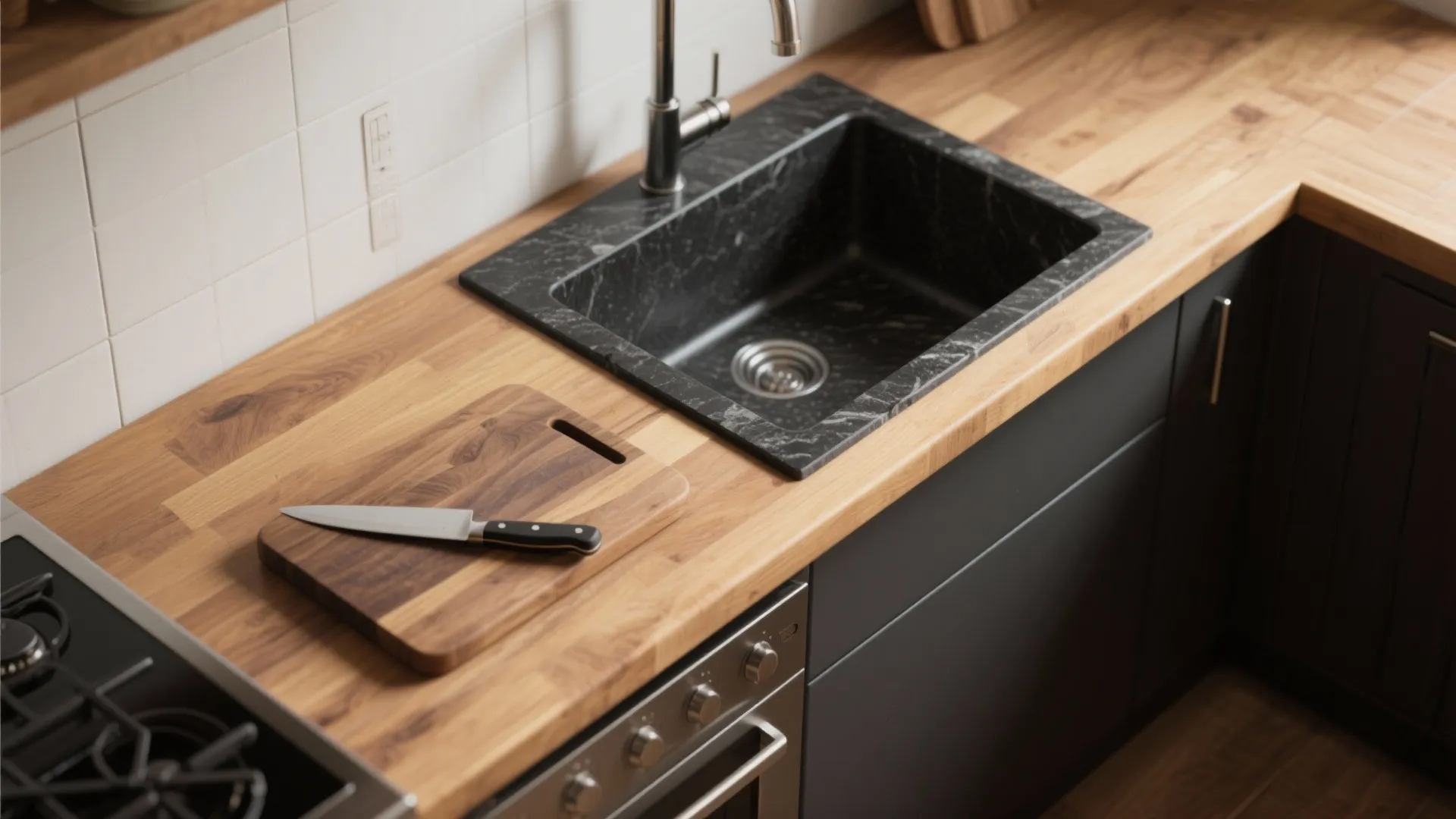 3. Two-tone split countertop (butcher block meets black stone)