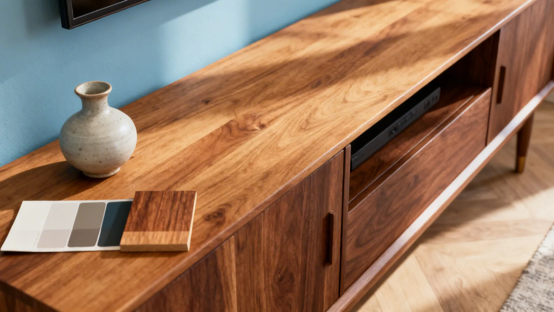 Close up of a wooden cabinet with a small vase and various interior design color samples