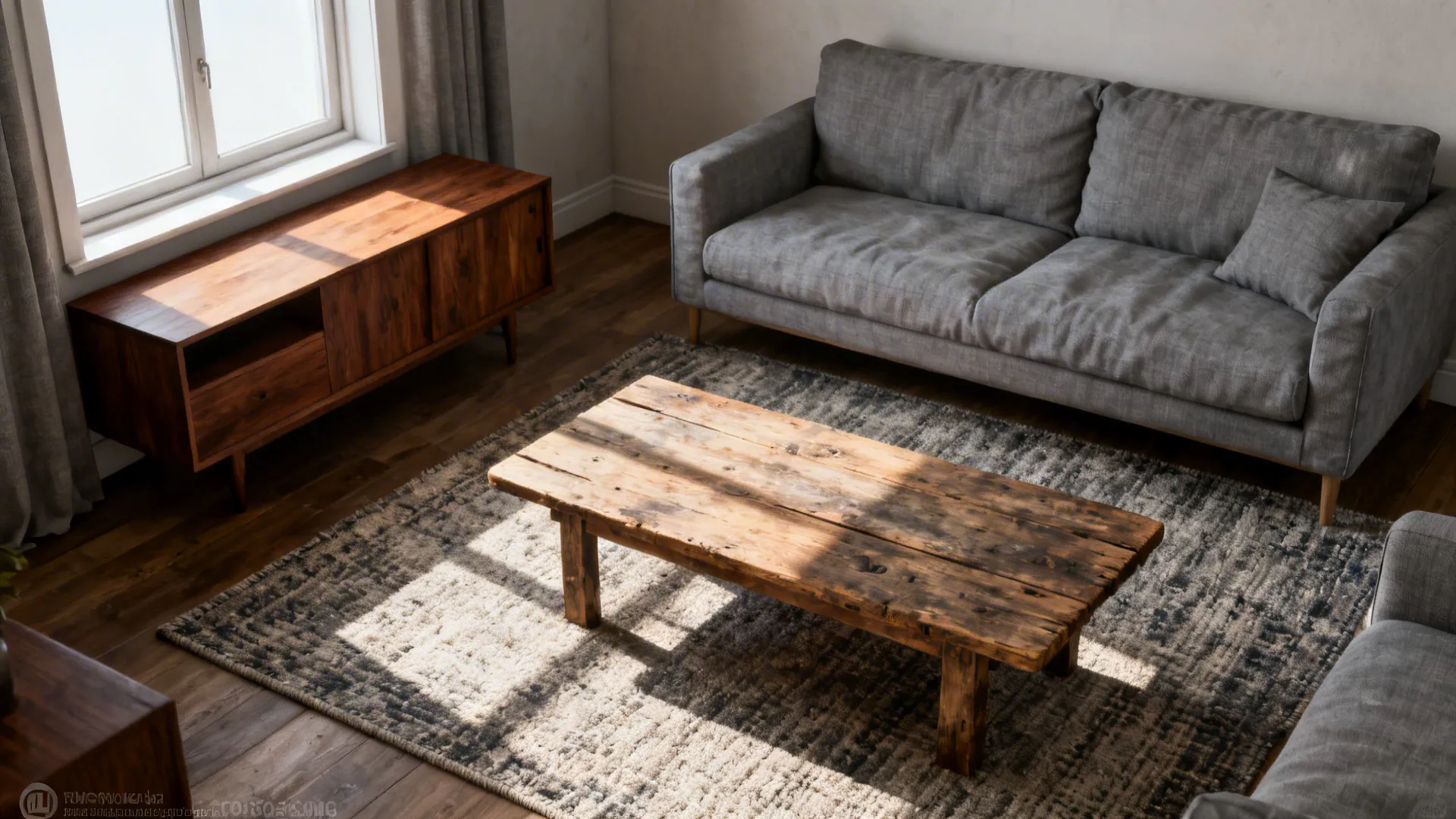Modern living room featuring grey sofa wooden coffee table rug and cabinet by the window