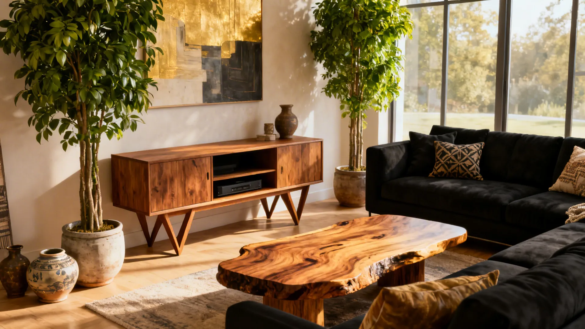 Black sectional paired with wooden furniture and tall indoor plants