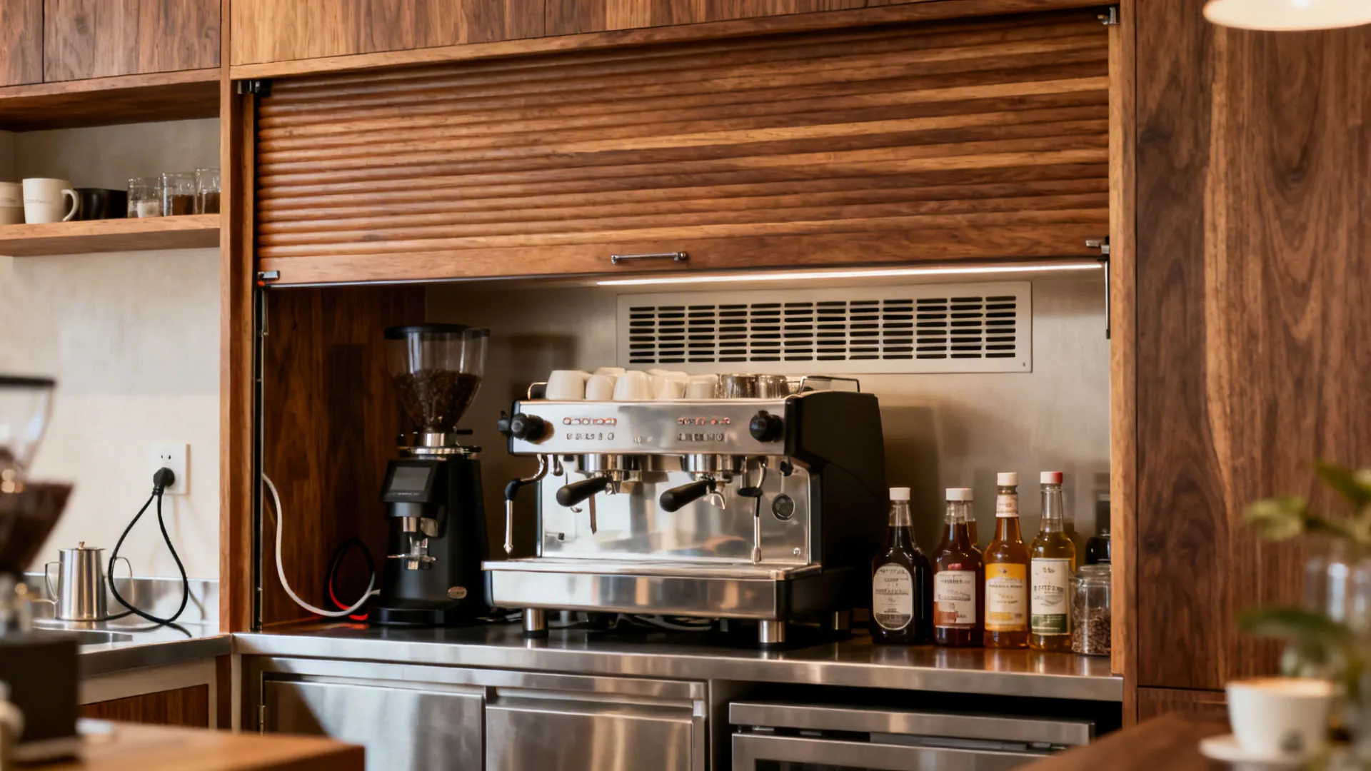 Before-and-after of a coffee corner upgraded with a warm wood appliance garage and hidden cord management.