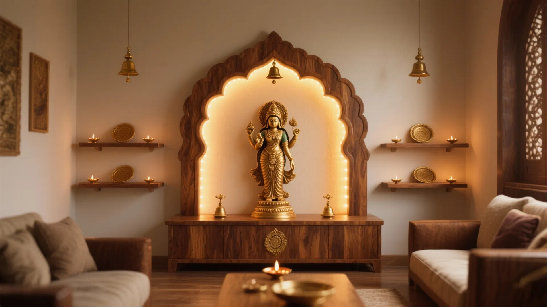 Temple-Style Wooden Arch with Brass Accents