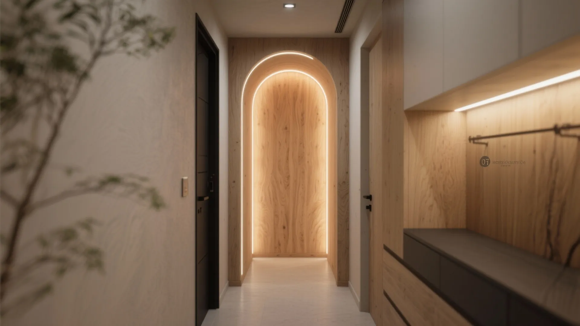Modern wooden hallway featuring an arched door with hidden light and built in storage cabinet