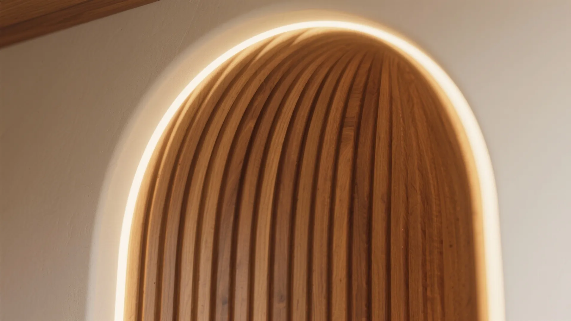 Close up view of an arched wall niche with vertical wood panels and hidden lighting