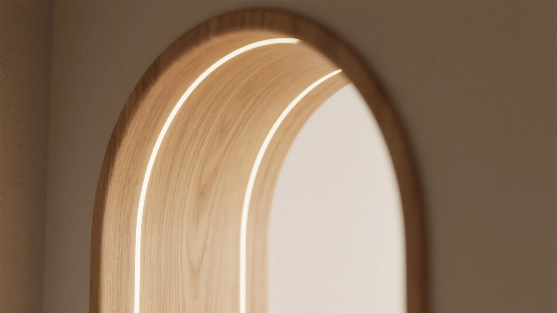 Detailed close view of wooden arched doorway with thin glowing white LED light strip inside