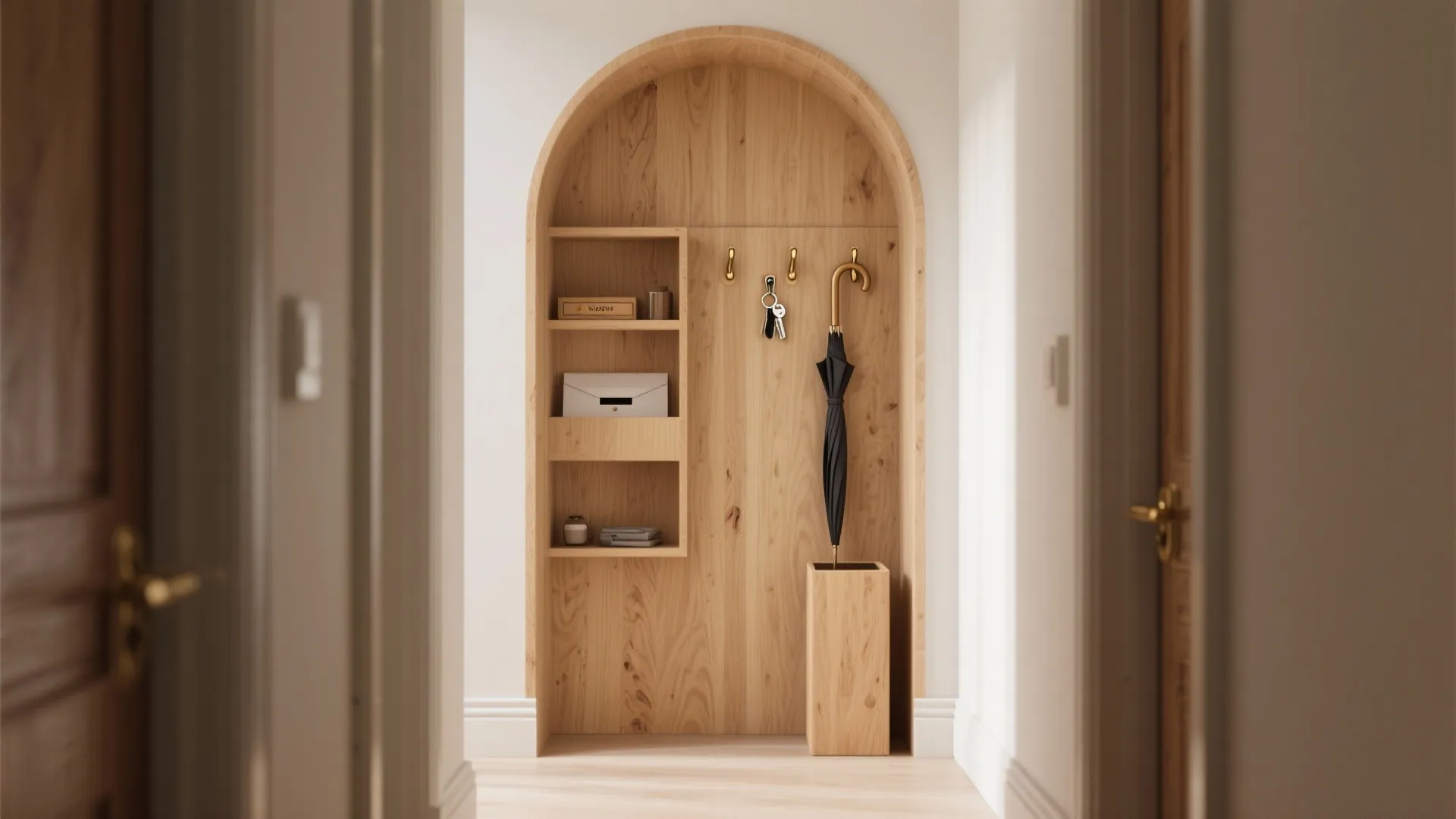 Wood-Clad Archway with Storage Niches