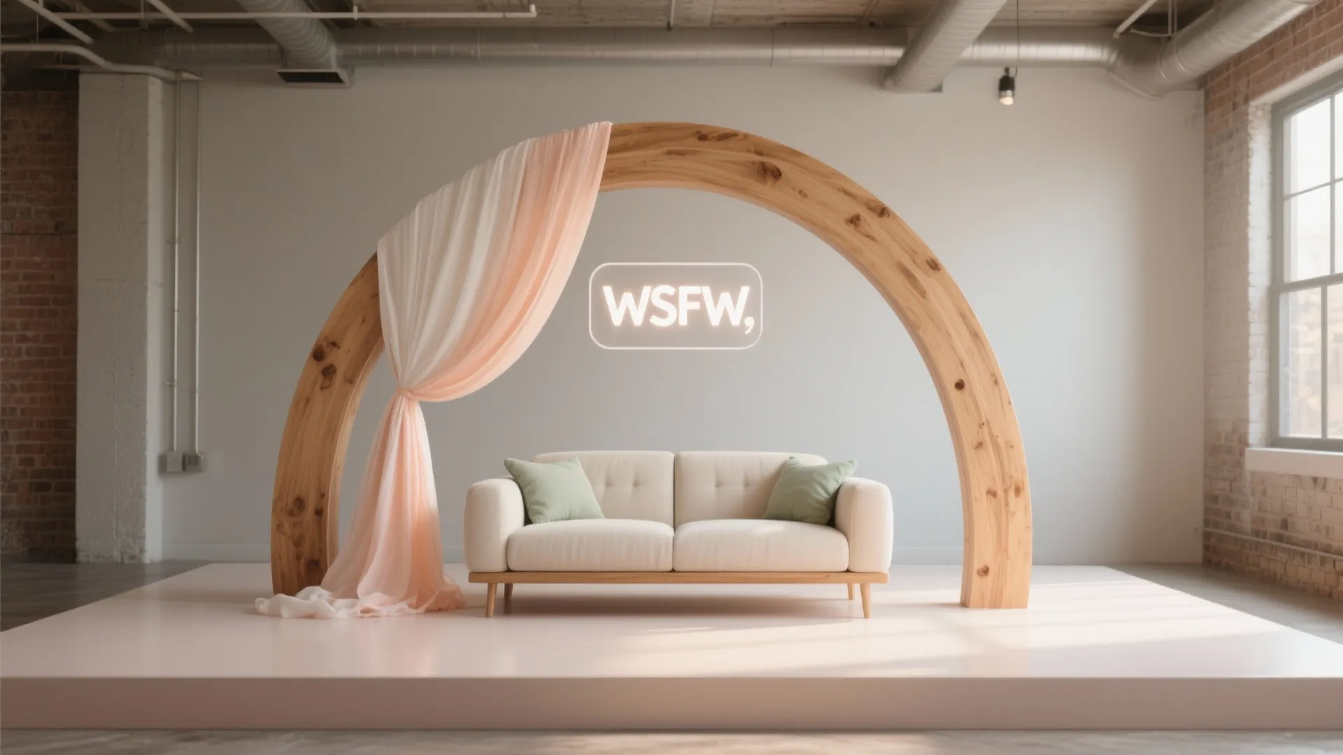 Mixed Materials: Wood Arches, Fabric, and Acrylic Signage