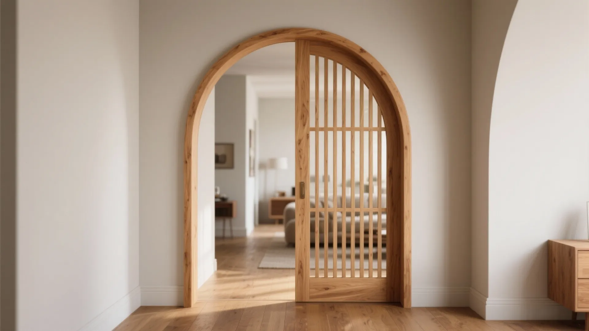 Wooden arched doorway with sliding slatted door opening into a bright and modern living room