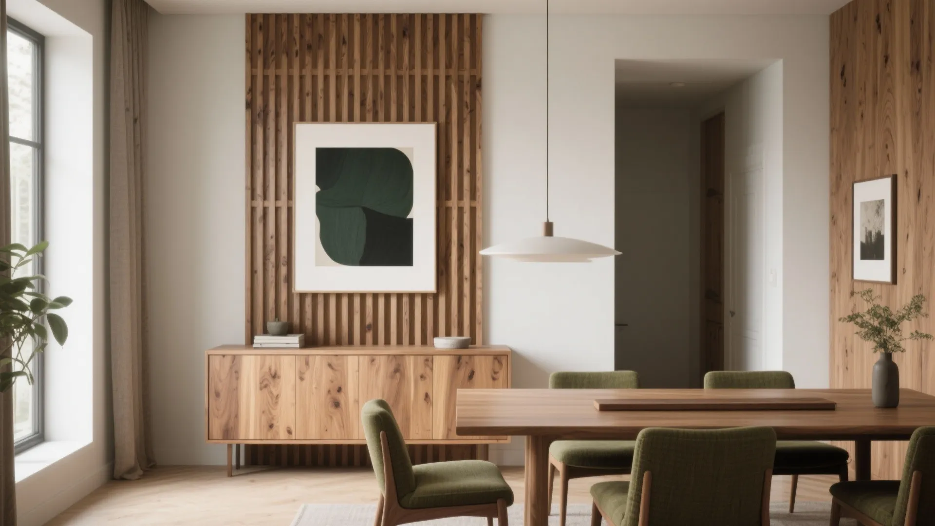 Warm wood textures and an art-led focal wall