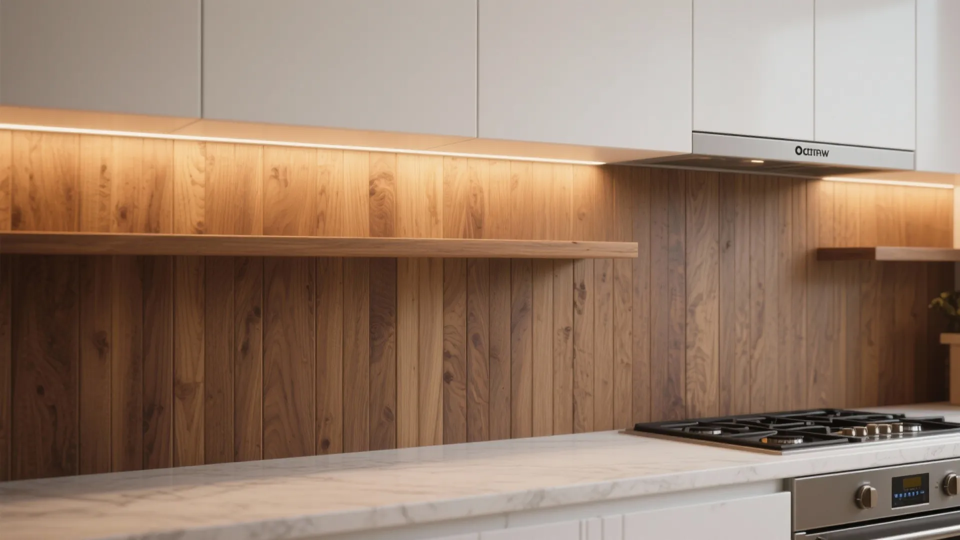 3. Full-height wood back paneling with white upper cabinets
