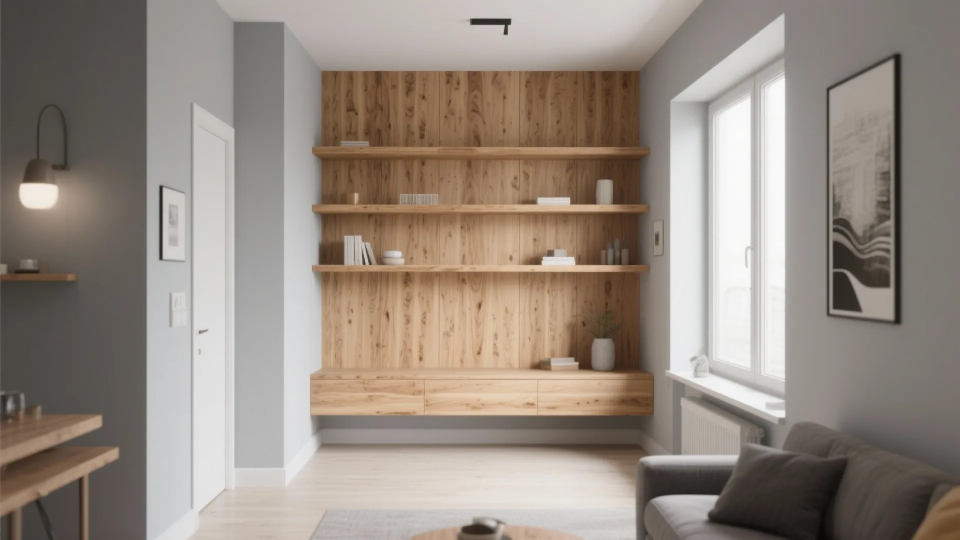 1. Use light gray as a warm backdrop to highlight wood tones