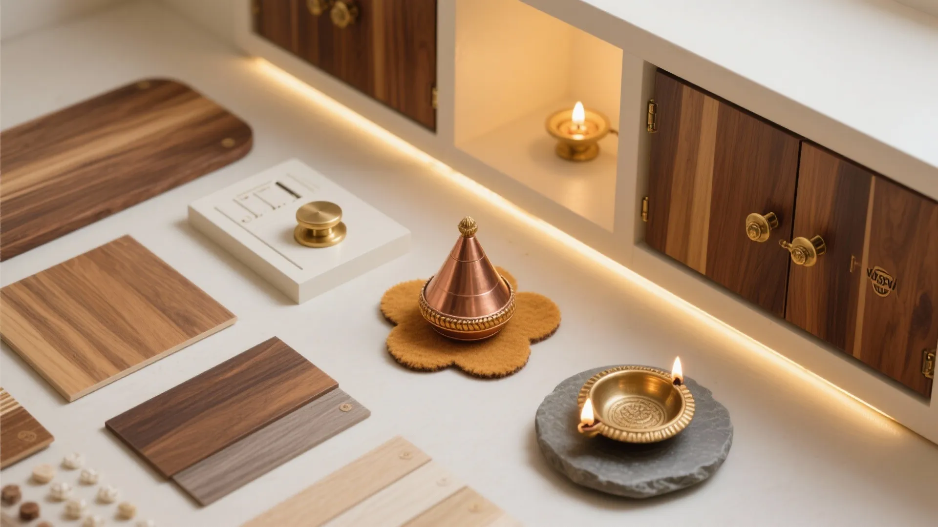 Warm wood tones, backlighting, and quiet niches