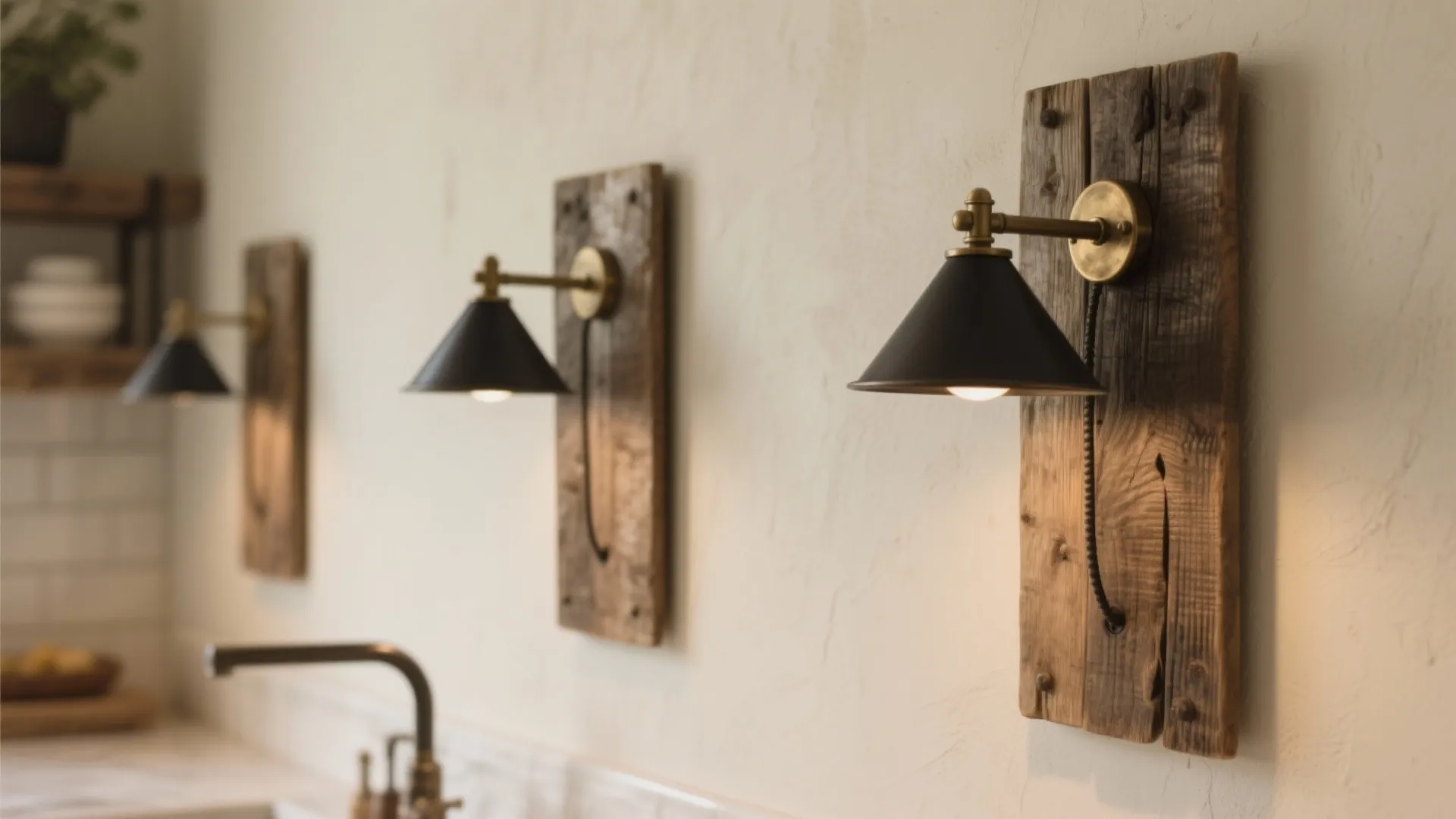 Three black metal wall lights with wood panels installed on a white wall in kitchen