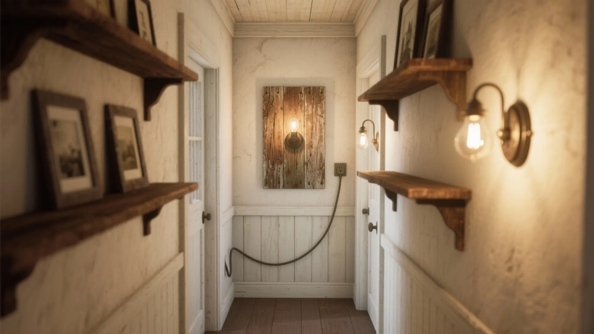 Narrow white hallway with wood shelves picture frames wall lights and a light on wood panel