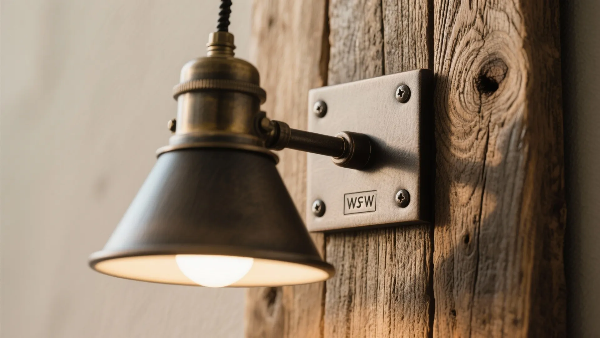 Vintage brass wall light with a metal shade mounted on a rustic brown reclaimed wood panel