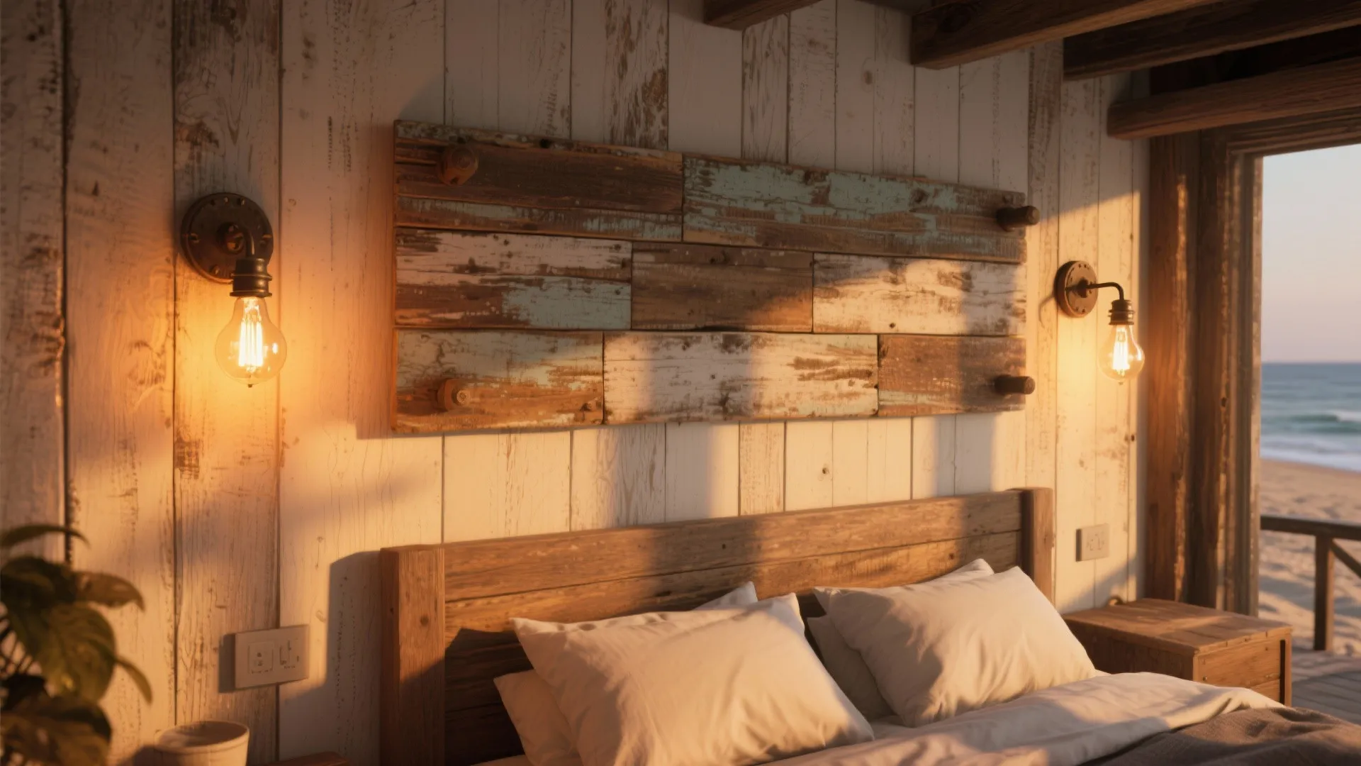Weathered wood backplate sconces with industrial filament bulbs in a beachfront bedroom.