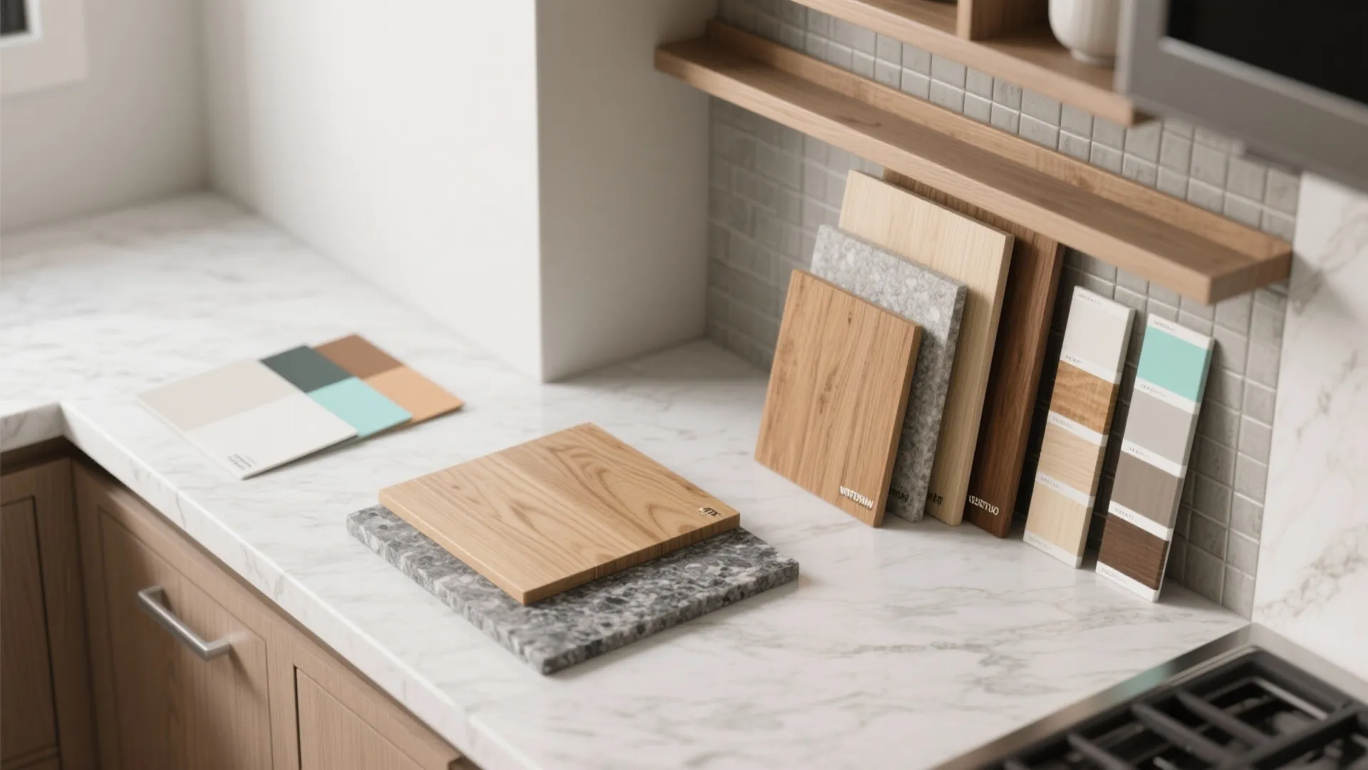 3. Mixed materials: granite counters with a warm wood backsplash