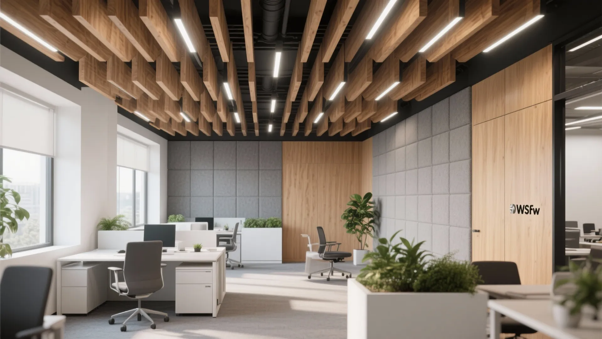 Modern office interior featuring wood ceiling panels grey wall panels and white desks with chairs