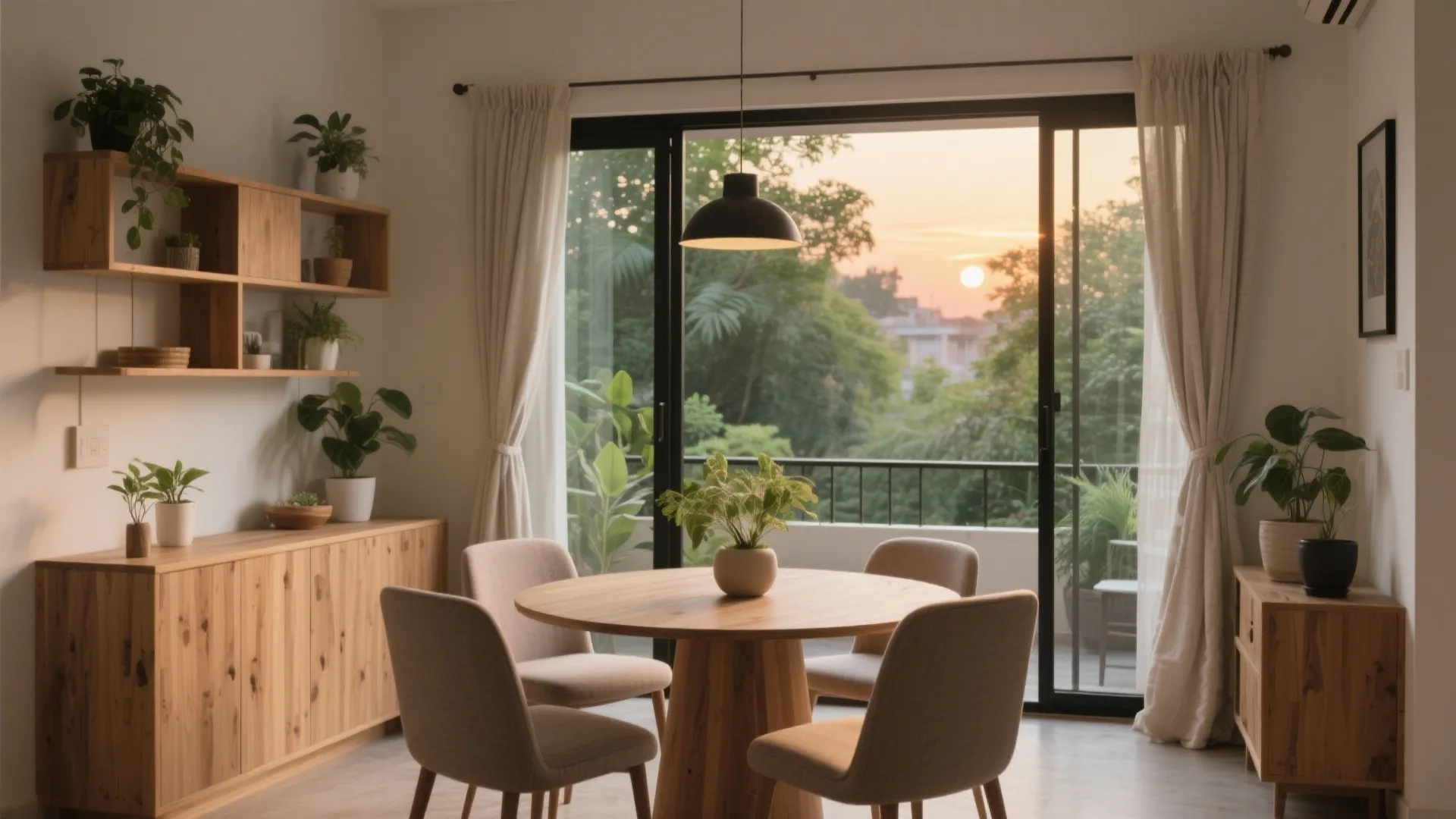 Wooden round dining table with four chairs next to a large balcony window during sunset