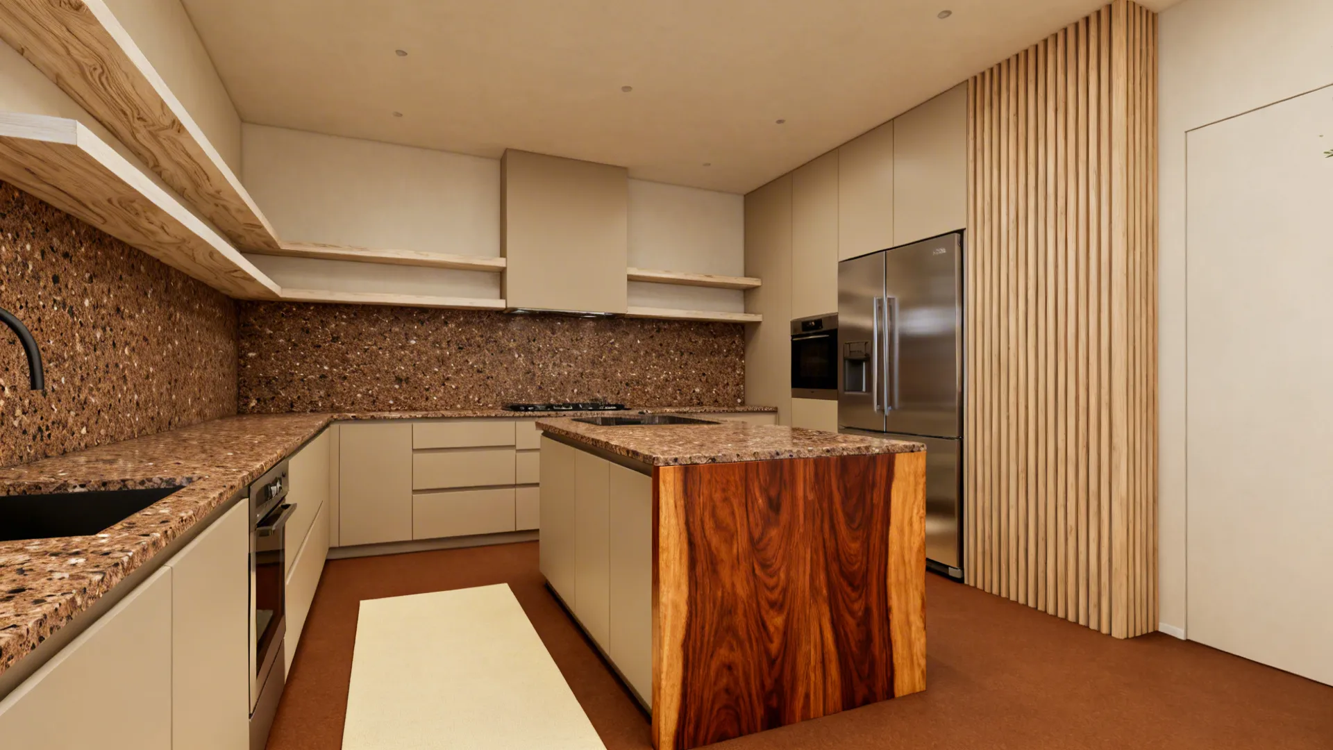 Baltic Brown granite with rift white oak shelves and a walnut waterfall detail in a calm kitchen.