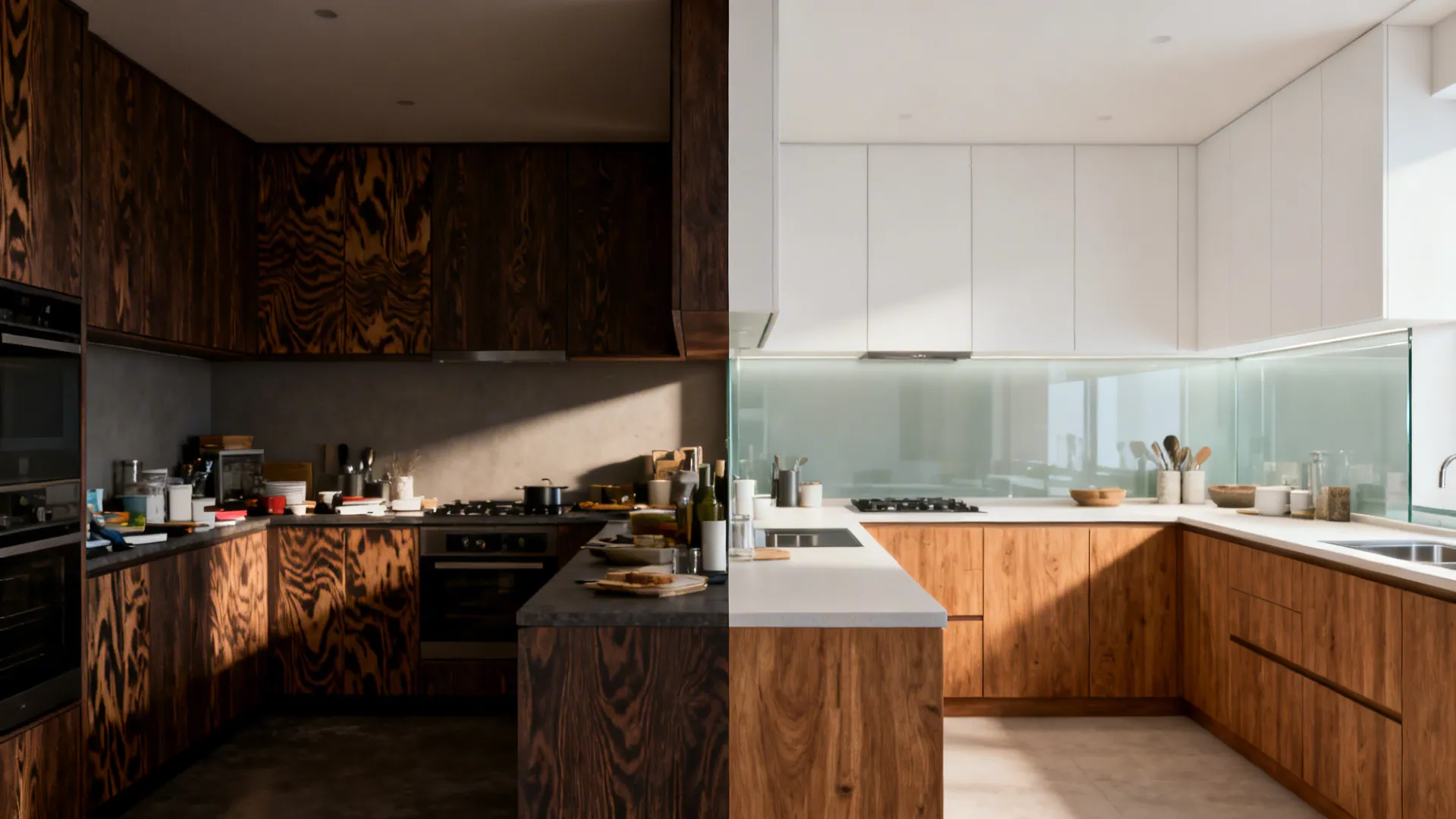 Split view showing dark all-wood cabinets before and lighter two-tone wood-and-white cabinets after.